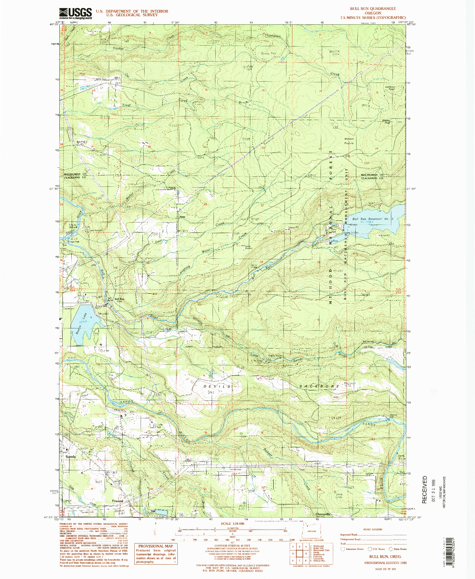 USGS 1:24000-SCALE QUADRANGLE FOR BULL RUN, OR 1985