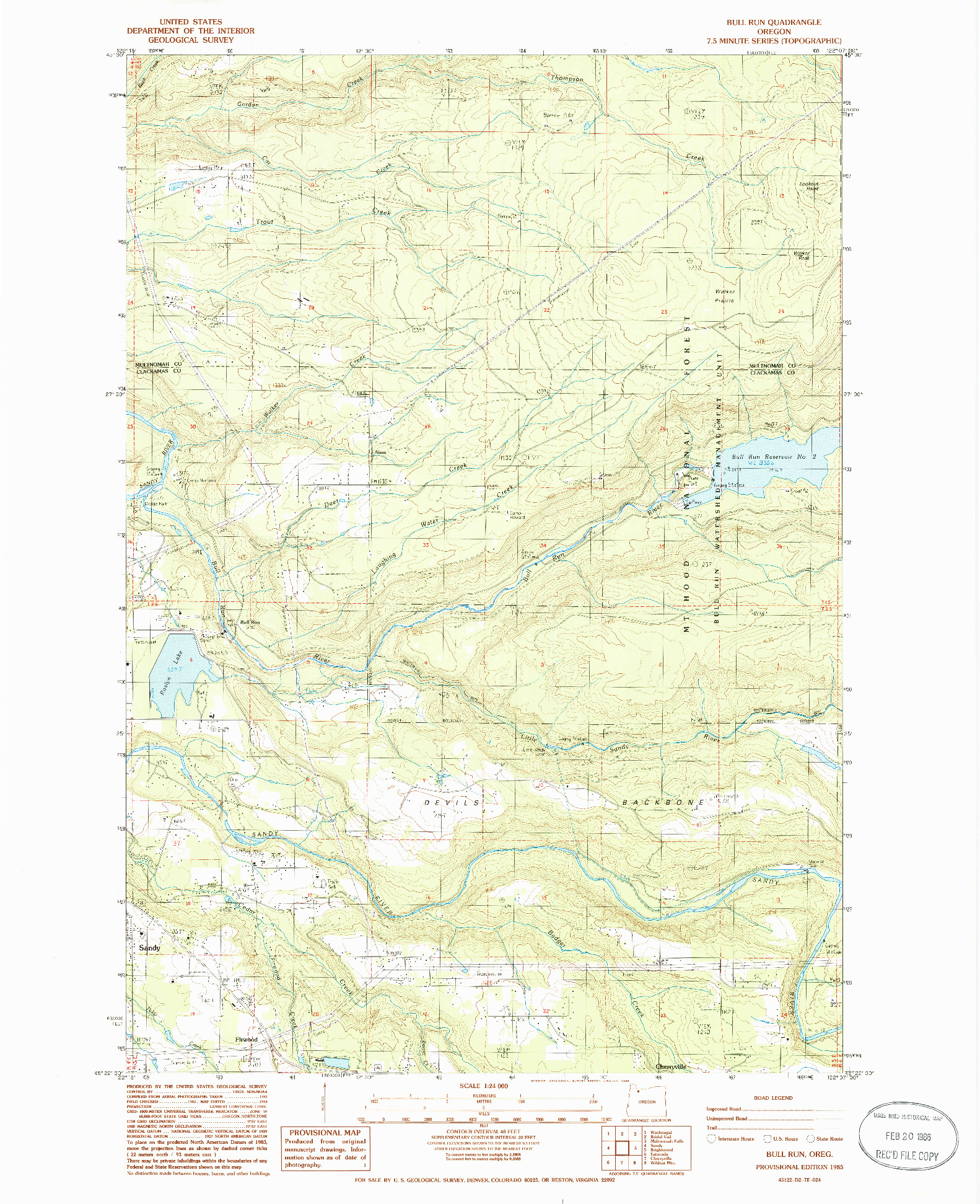 USGS 1:24000-SCALE QUADRANGLE FOR BULL RUN, OR 1985