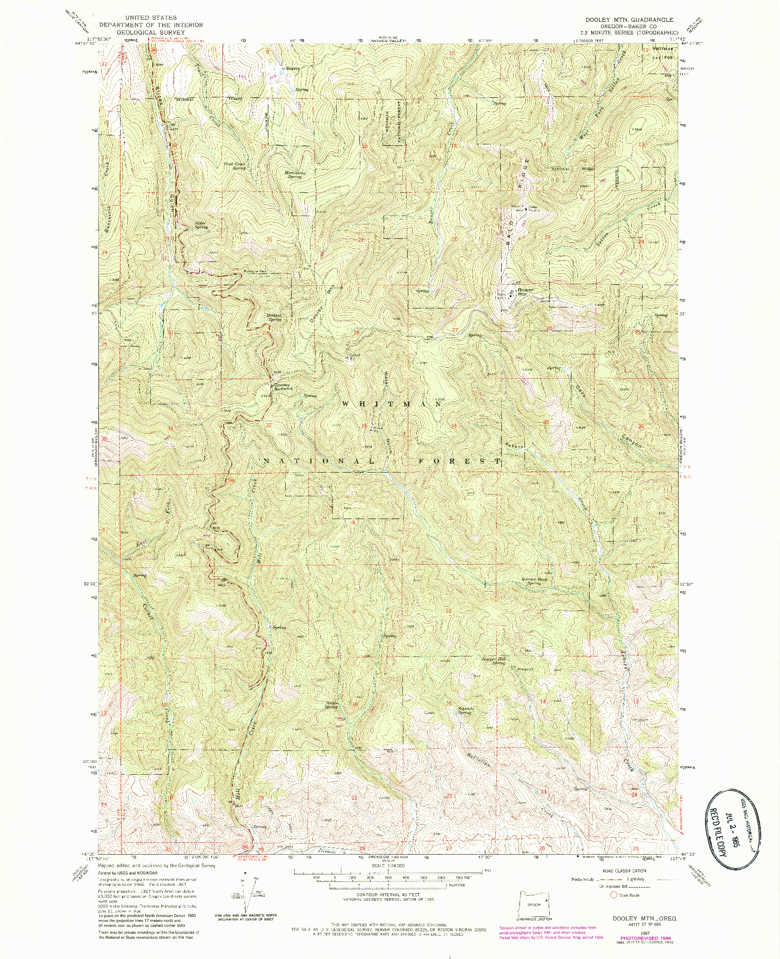 USGS 1:24000-SCALE QUADRANGLE FOR DOOLEY MTN, OR 1967