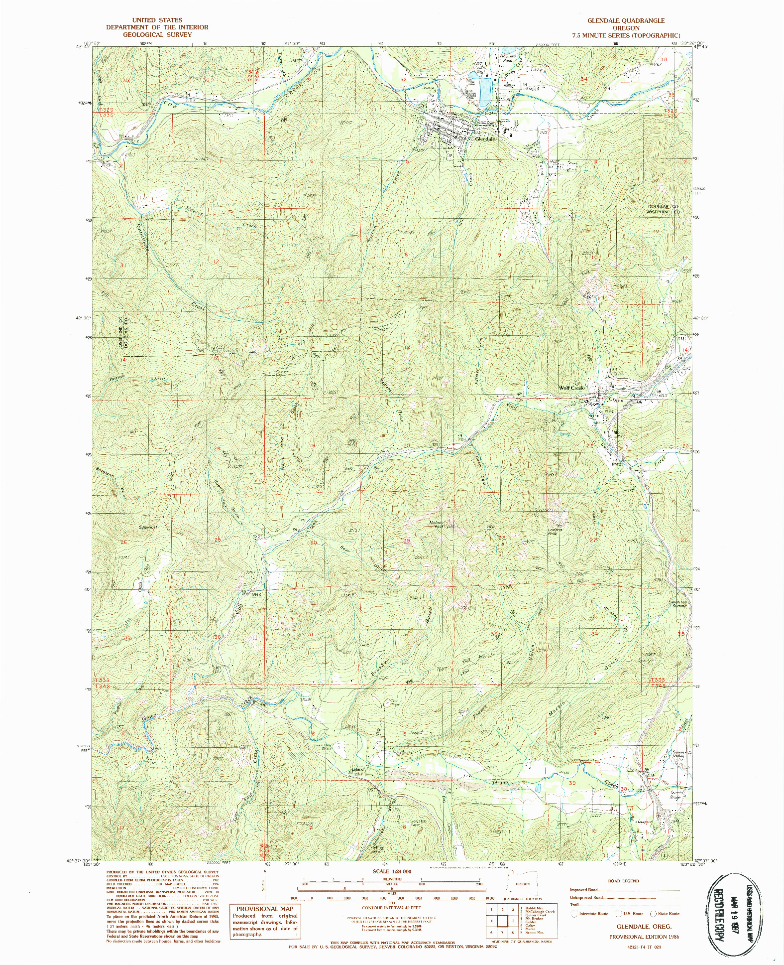 USGS 1:24000-SCALE QUADRANGLE FOR GLENDALE, OR 1986