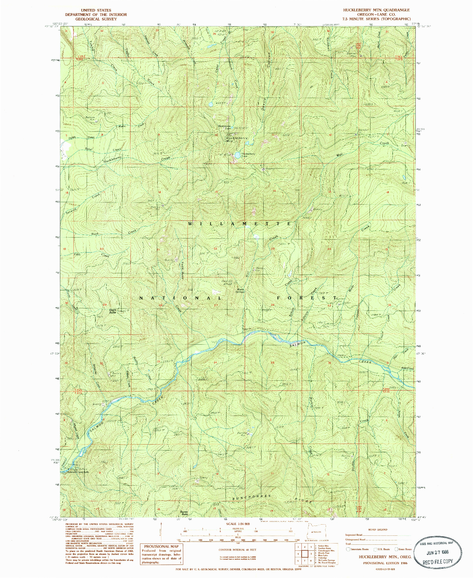USGS 1:24000-SCALE QUADRANGLE FOR HUCKLEBERRY MTN, OR 1986