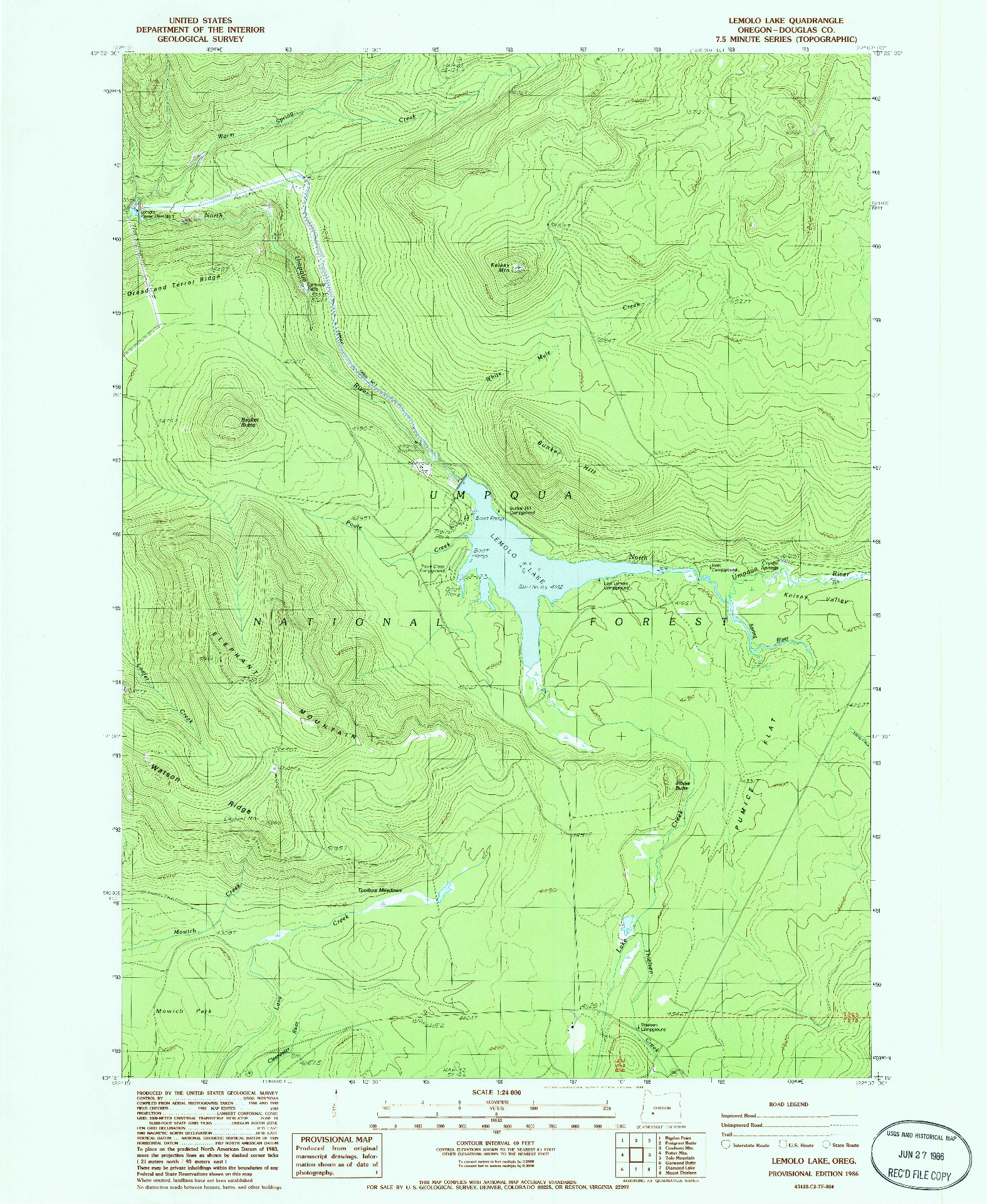 USGS 1:24000-SCALE QUADRANGLE FOR LEMOLO LAKE, OR 1986