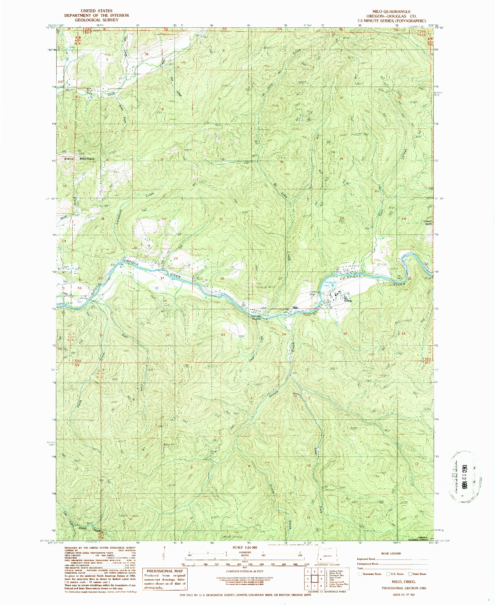 USGS 1:24000-SCALE QUADRANGLE FOR MILO, OR 1986