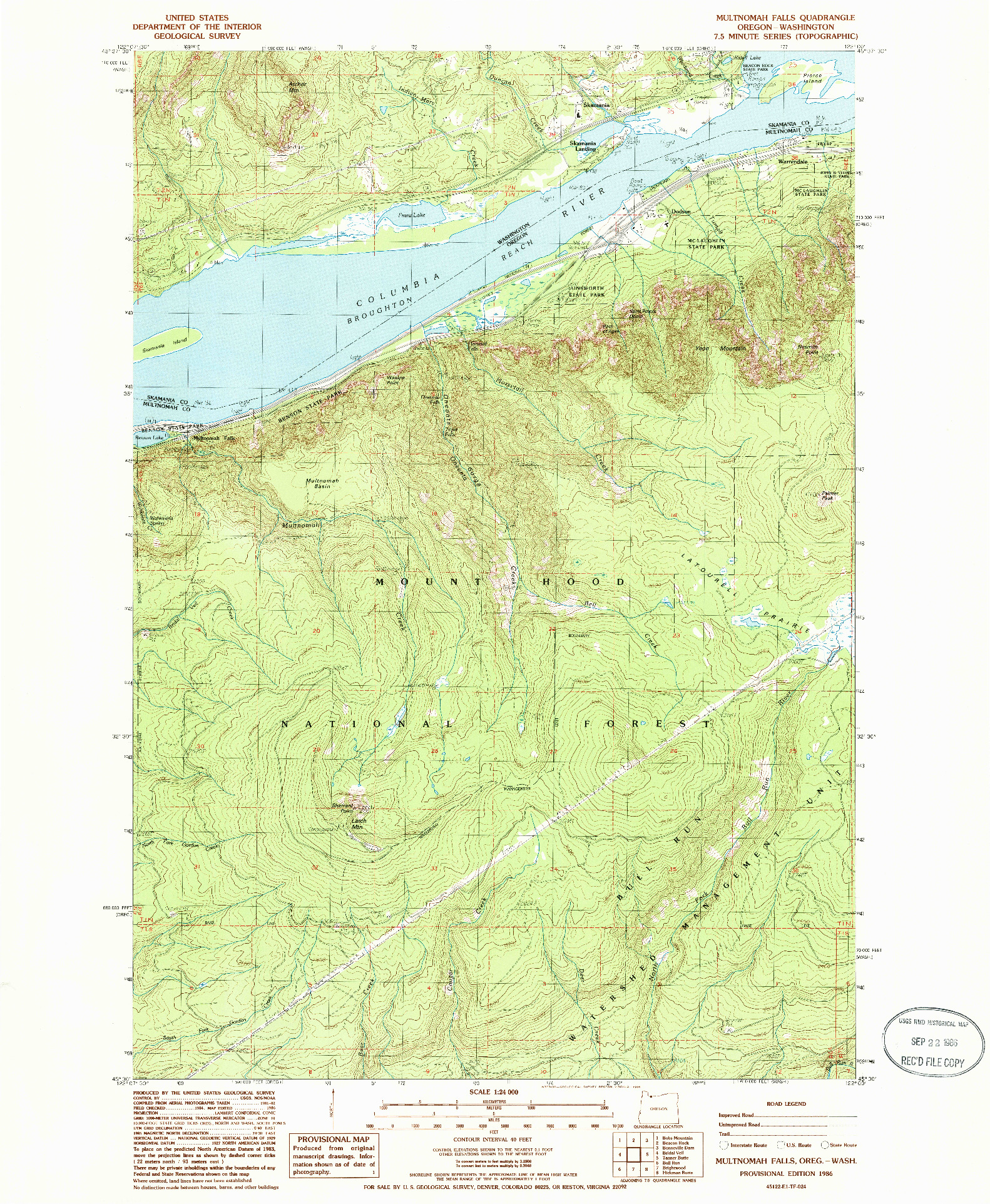 USGS 1:24000-SCALE QUADRANGLE FOR MULTNOMAH FALLS, OR 1986