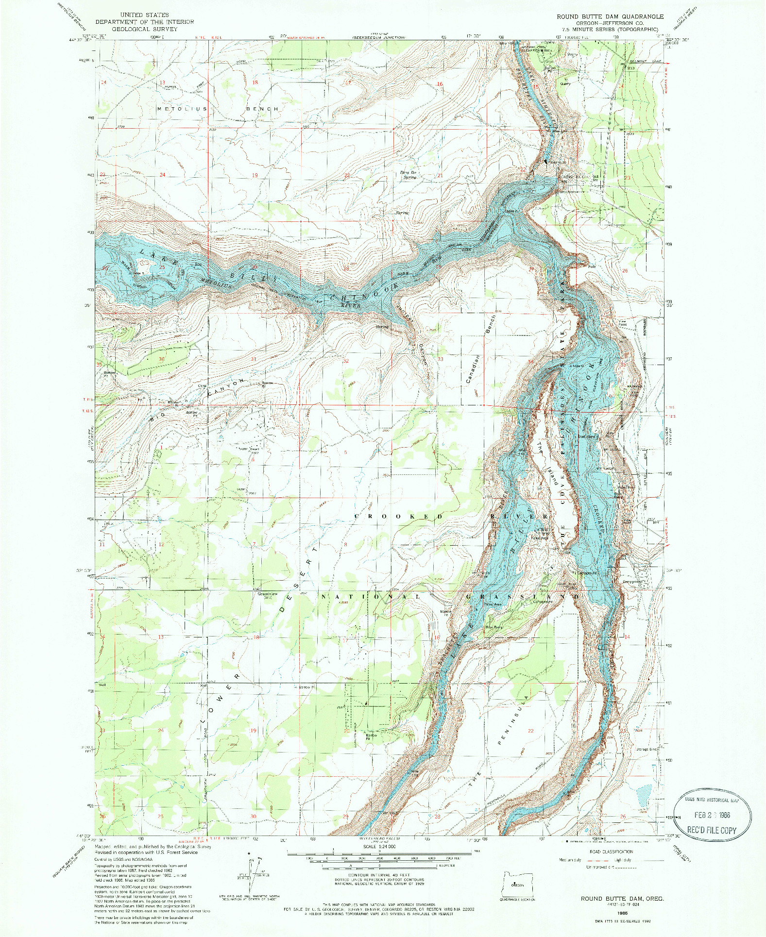 USGS 1:24000-SCALE QUADRANGLE FOR ROUND BUTTE DAM, OR 1985