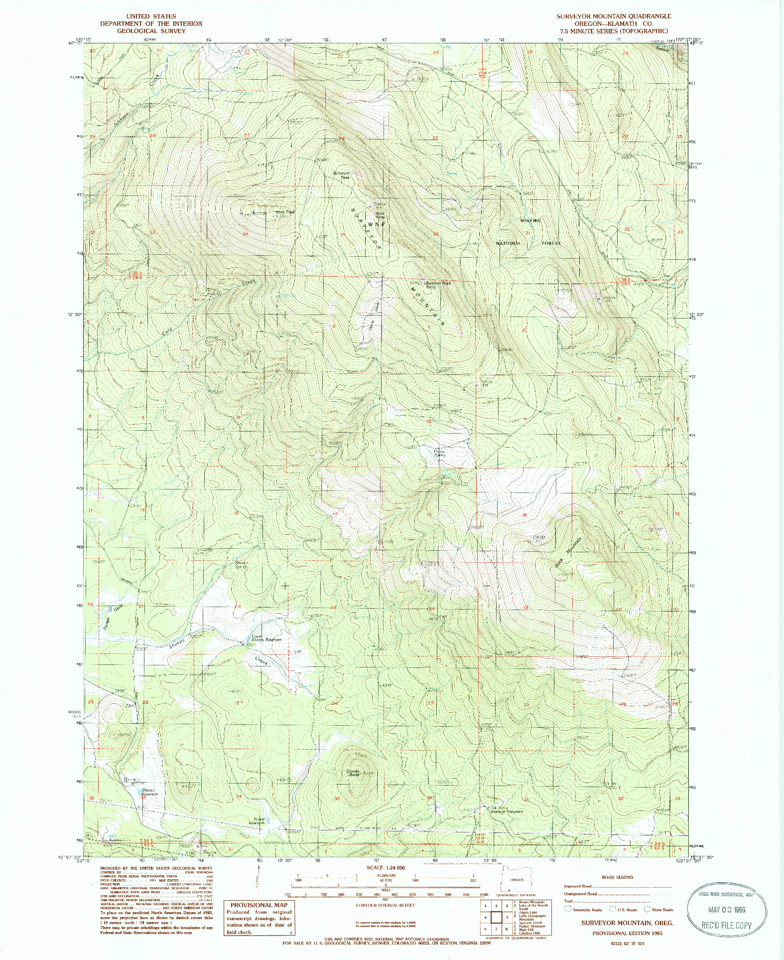 USGS 1:24000-SCALE QUADRANGLE FOR SURVEYOR MOUNTAIN, OR 1985