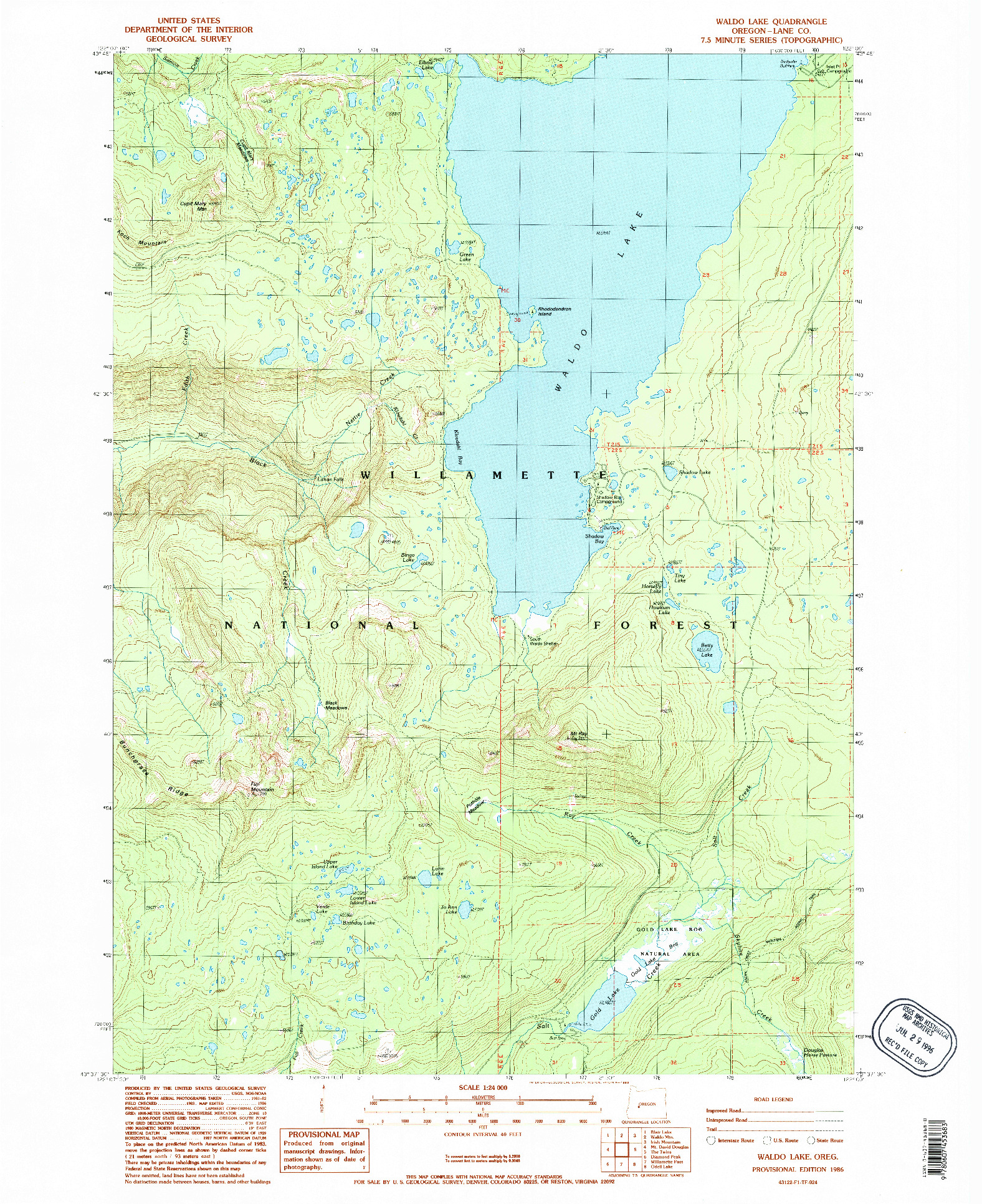 USGS 1:24000-SCALE QUADRANGLE FOR WALDO LAKE, OR 1986