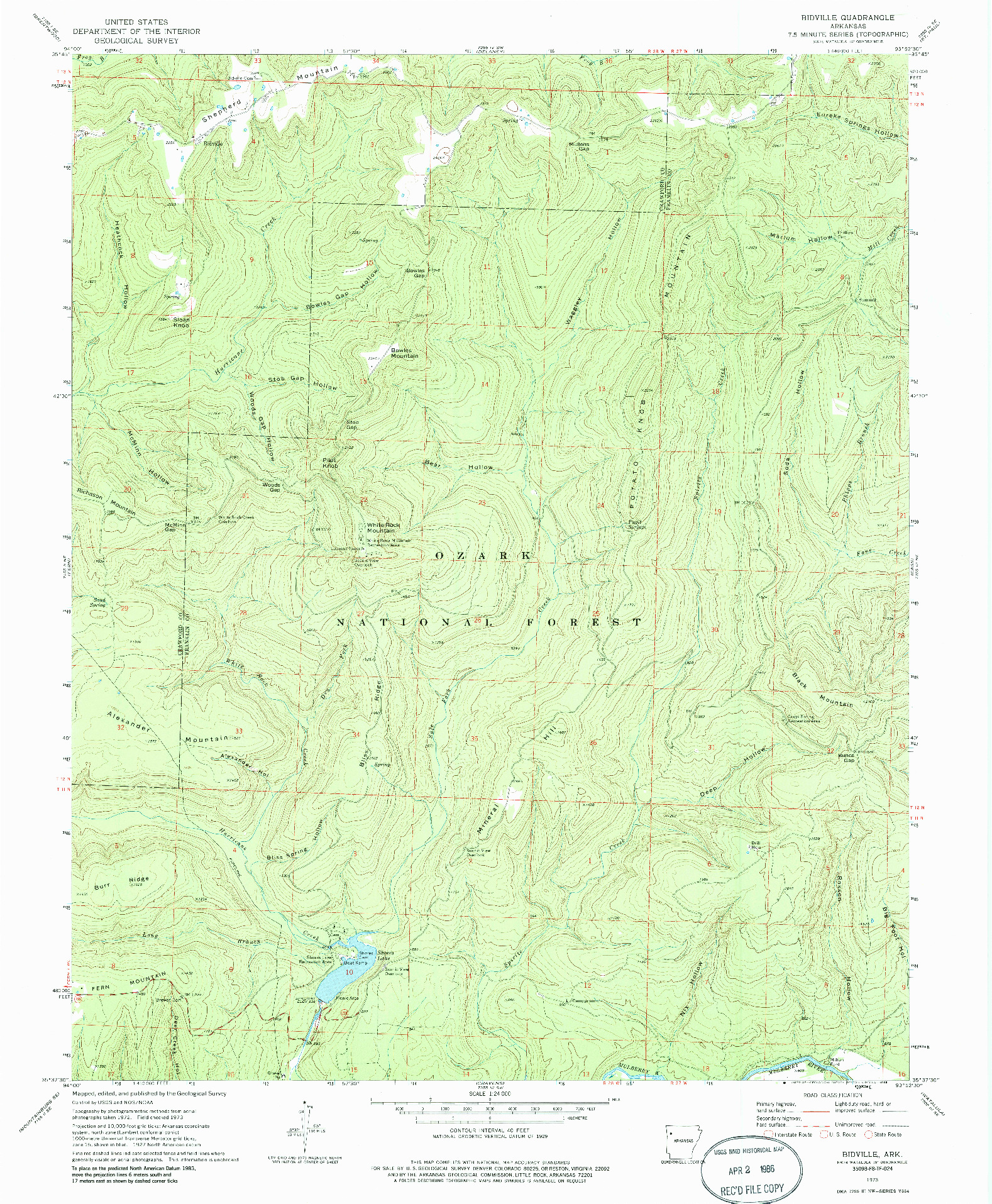 USGS 1:24000-SCALE QUADRANGLE FOR BIDVILLE, AR 1973