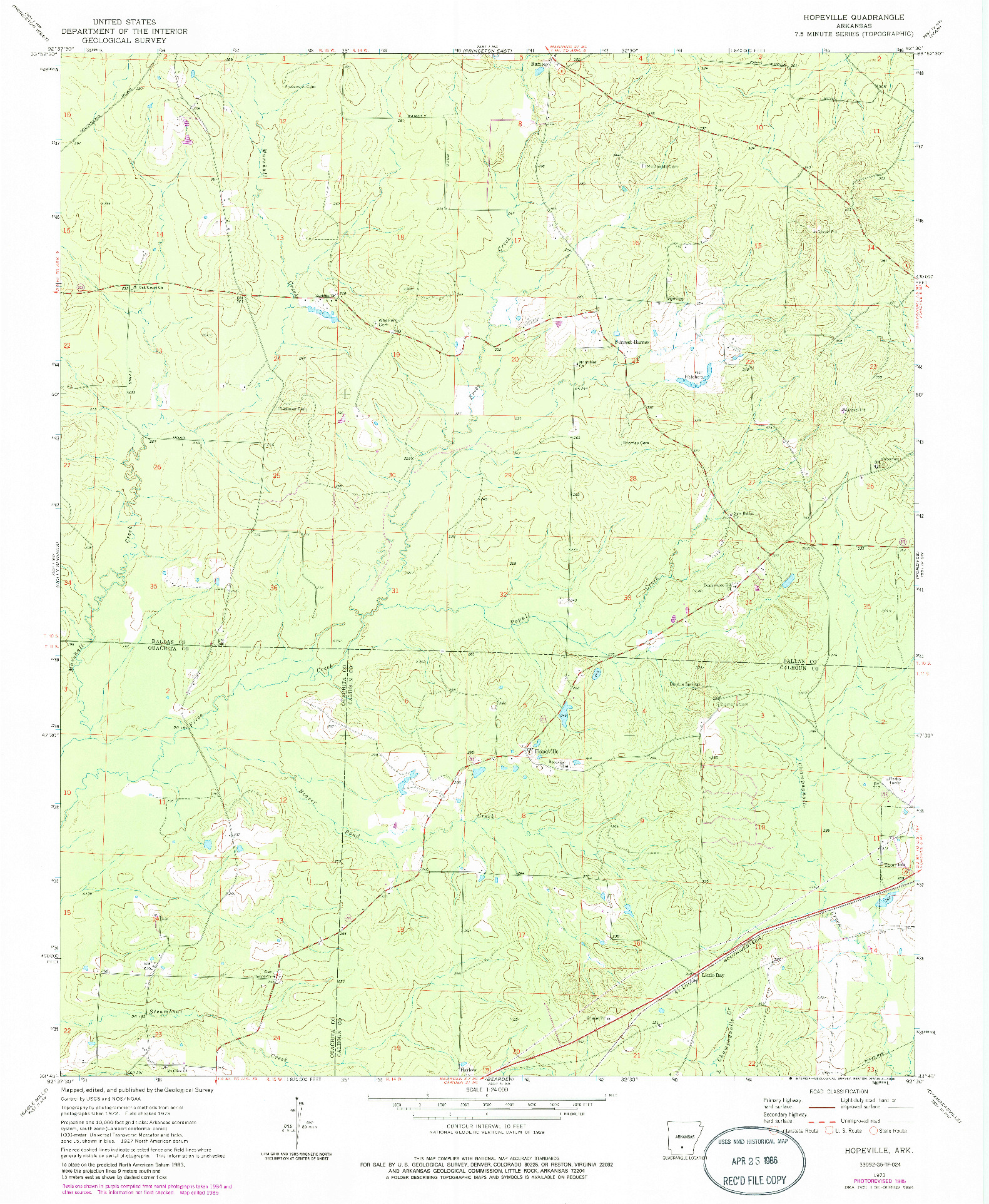USGS 1:24000-SCALE QUADRANGLE FOR HOPEVILLE, AR 1973