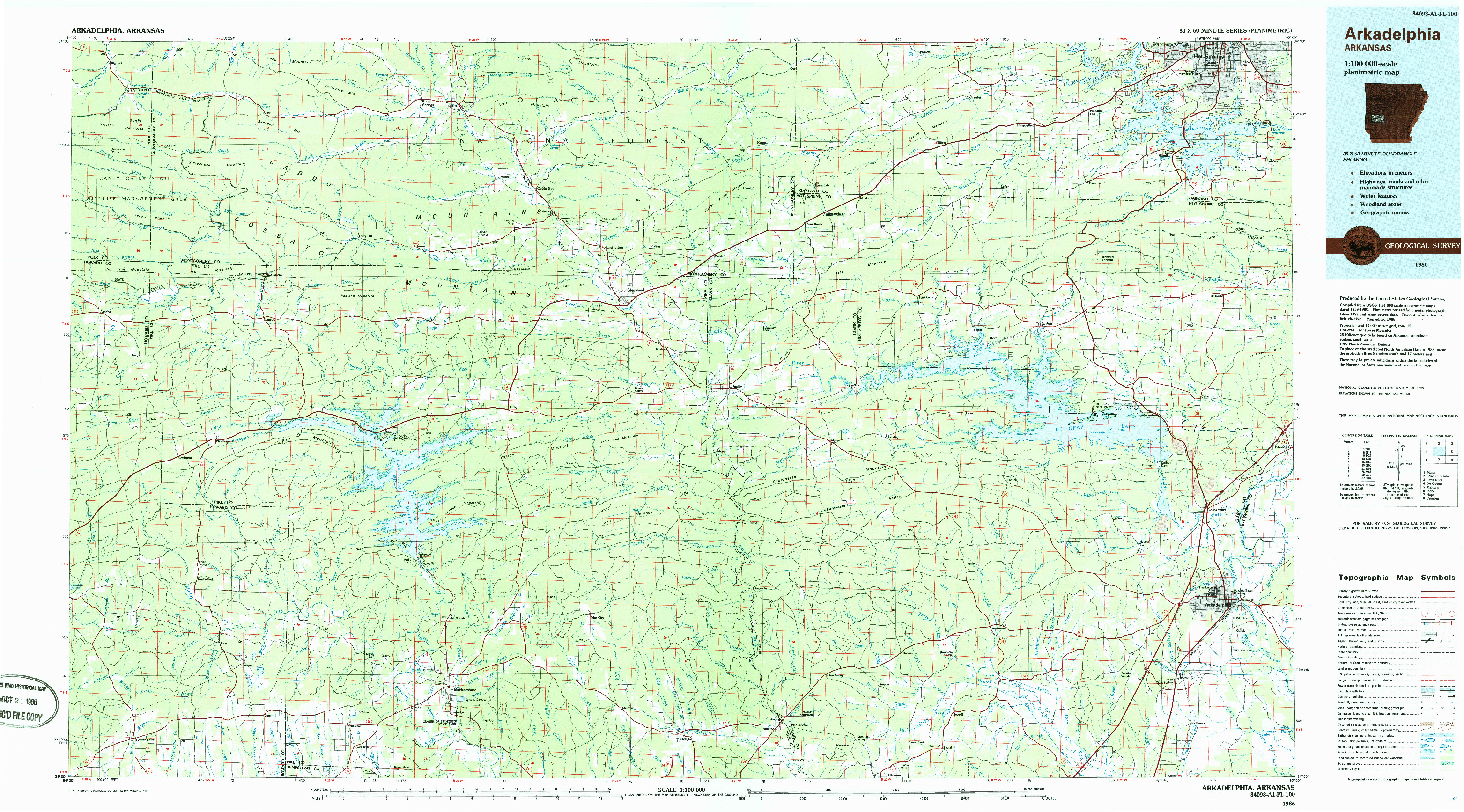 USGS 1:100000-SCALE QUADRANGLE FOR ARKADELPHIA, AR 1986