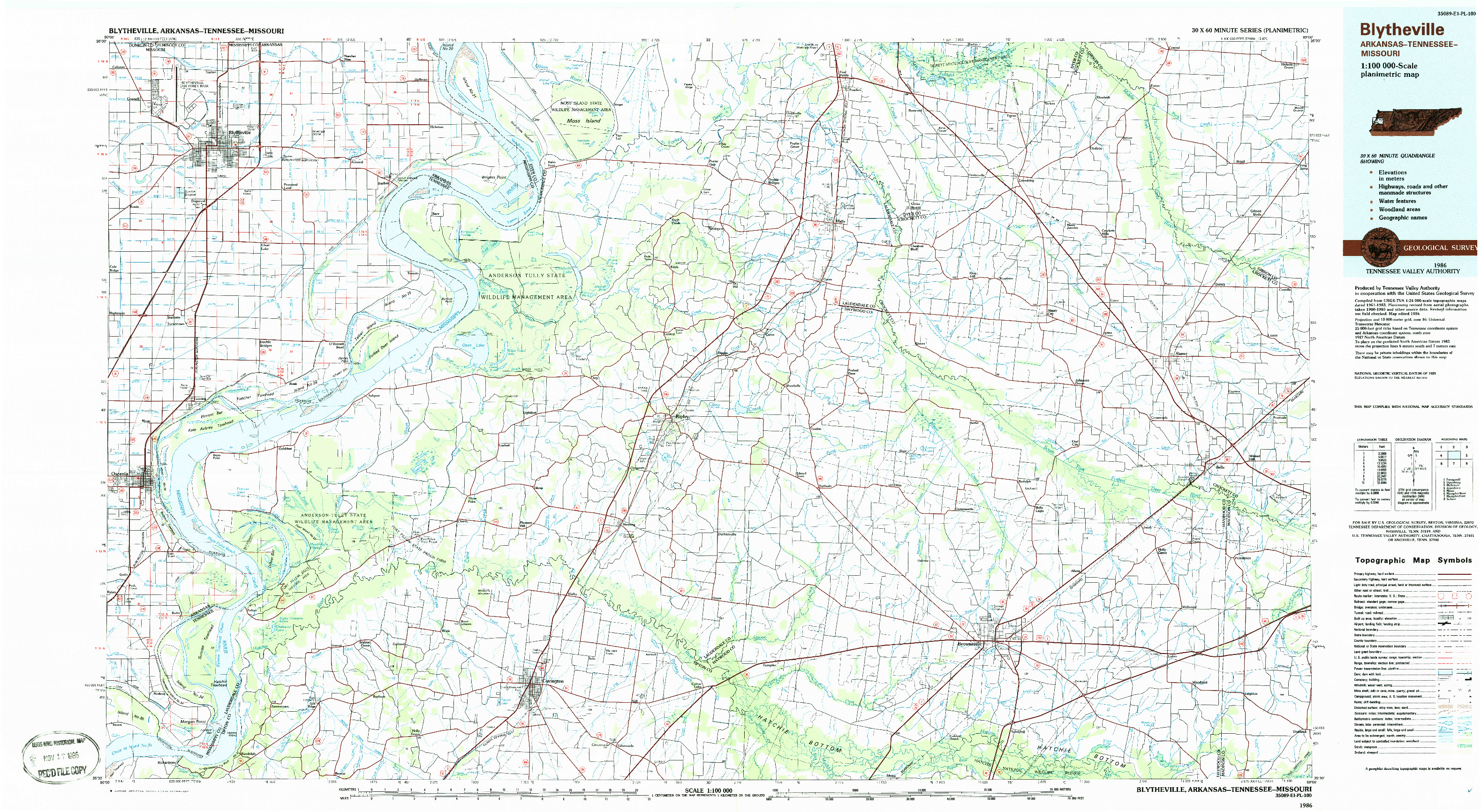 USGS 1:100000-SCALE QUADRANGLE FOR BLYTHEVILLE, AR 1986