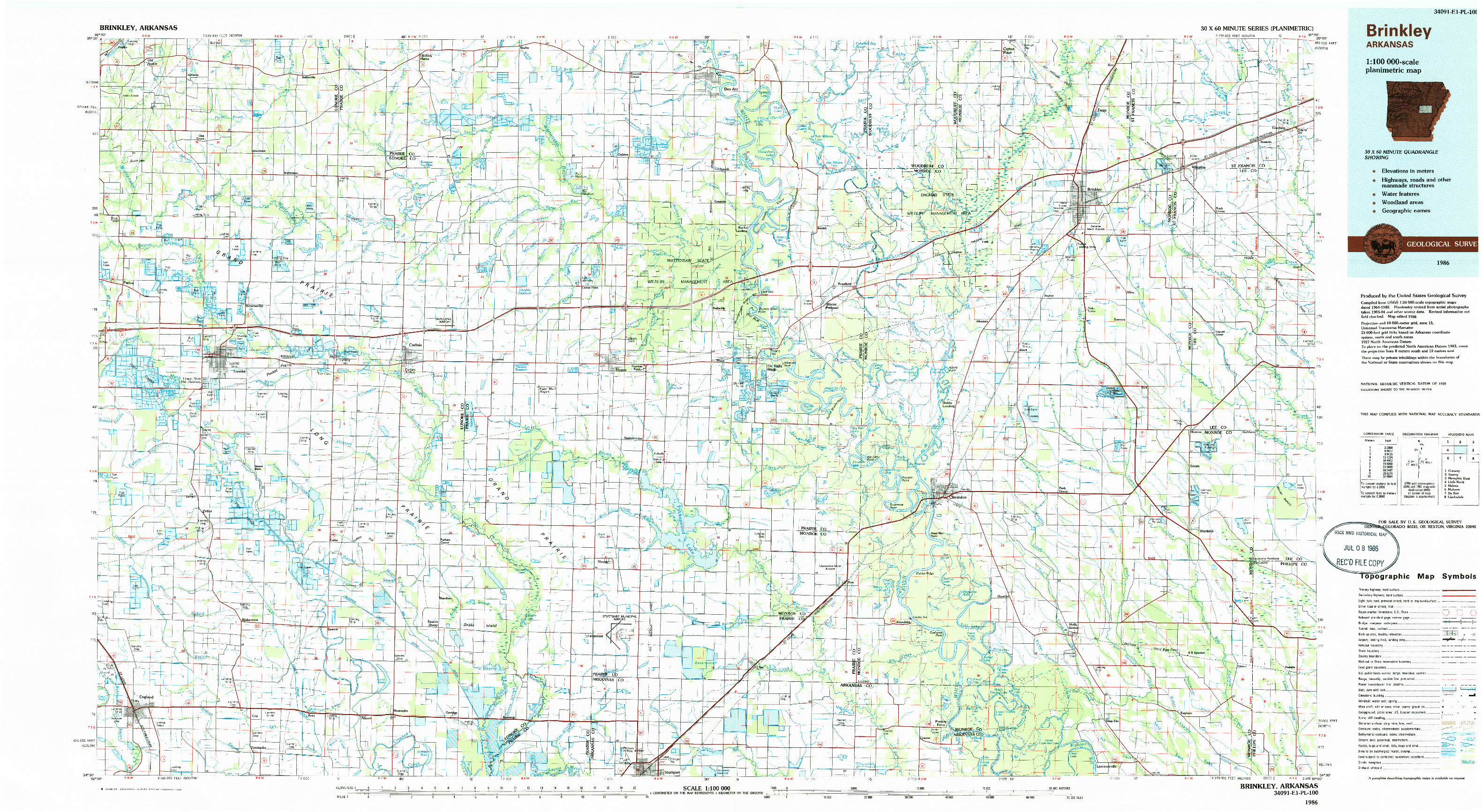 USGS 1:100000-SCALE QUADRANGLE FOR BRINKLEY, AR 1986