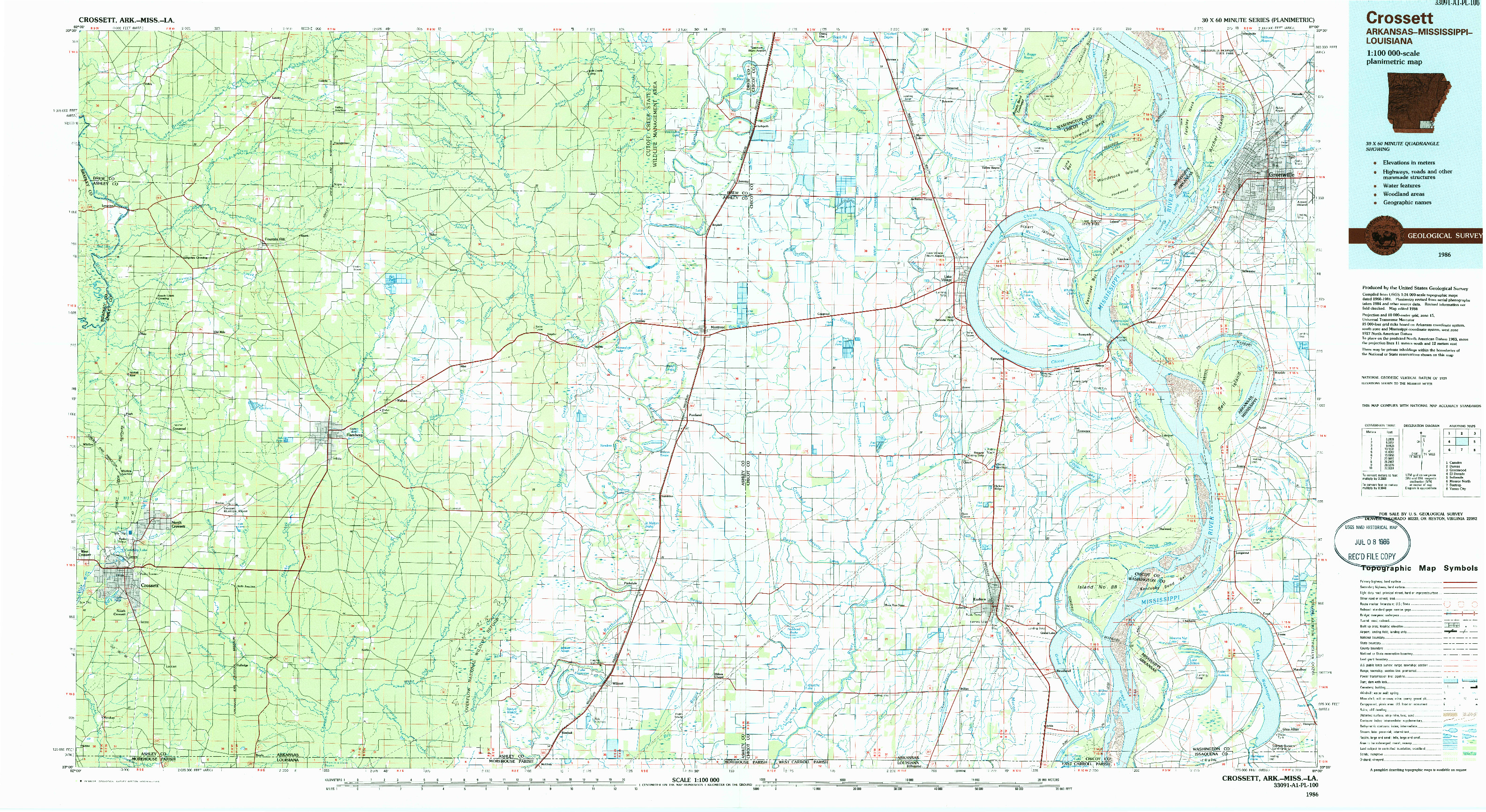 USGS 1:100000-SCALE QUADRANGLE FOR CROSSETT, AR 1986