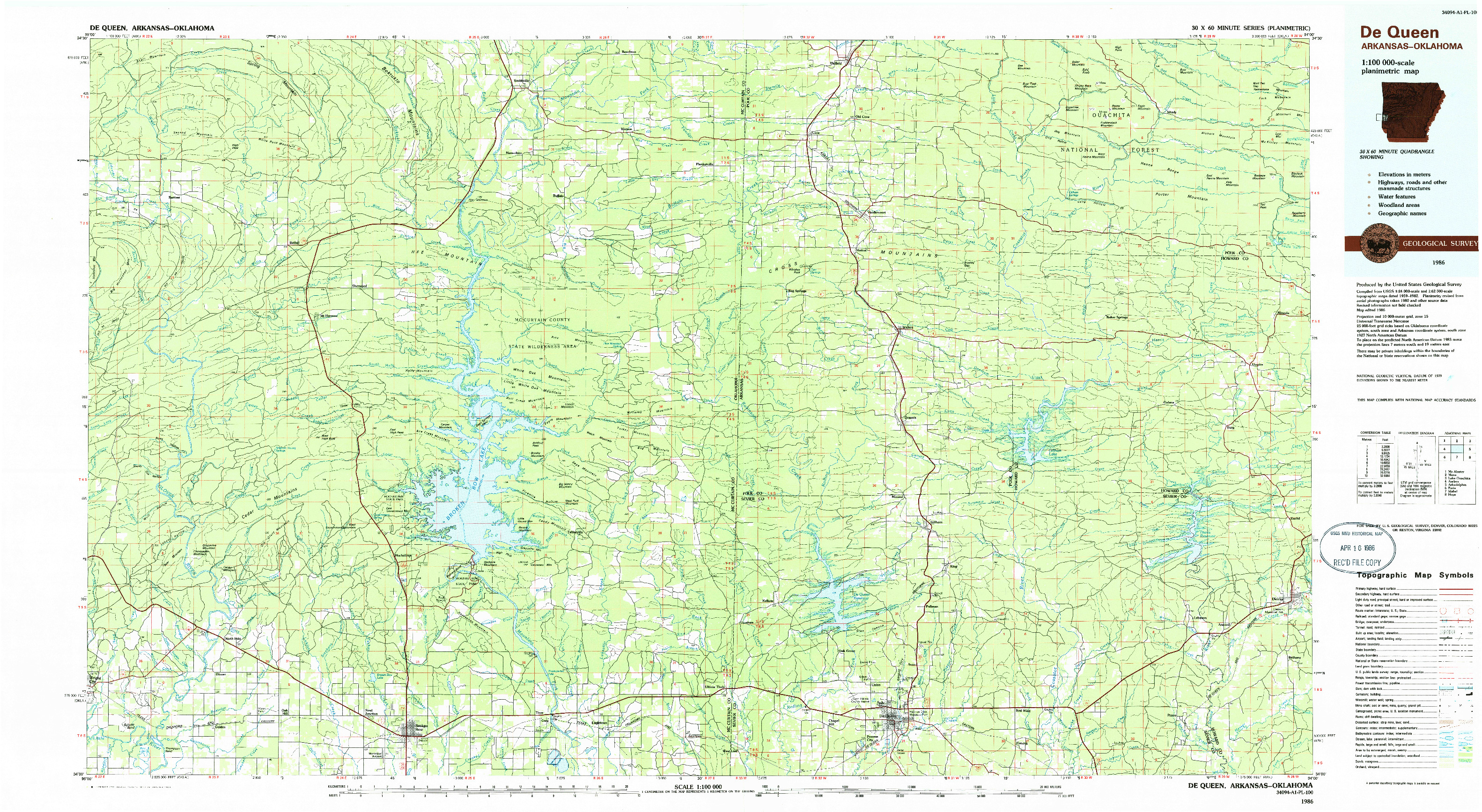 USGS 1:100000-SCALE QUADRANGLE FOR DE QUEEN, AR 1986