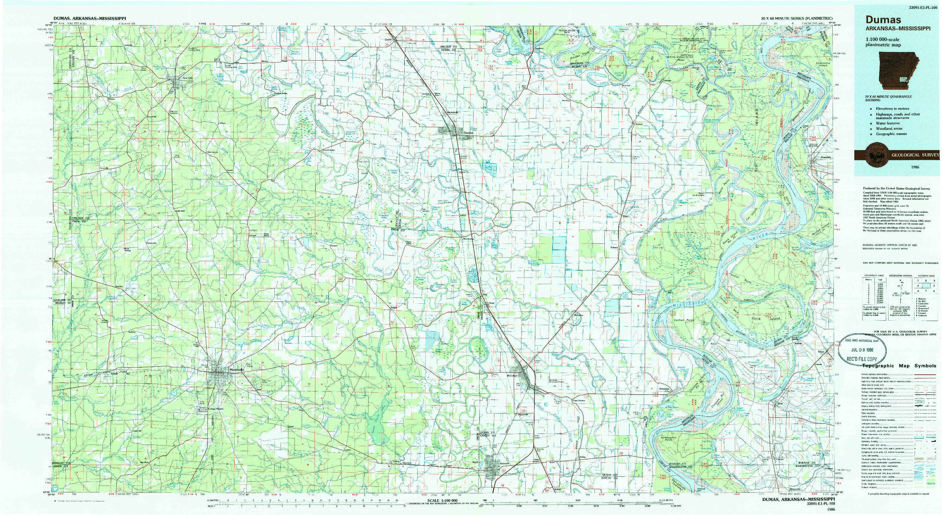 USGS 1:100000-SCALE QUADRANGLE FOR DUMAS, AR 1986