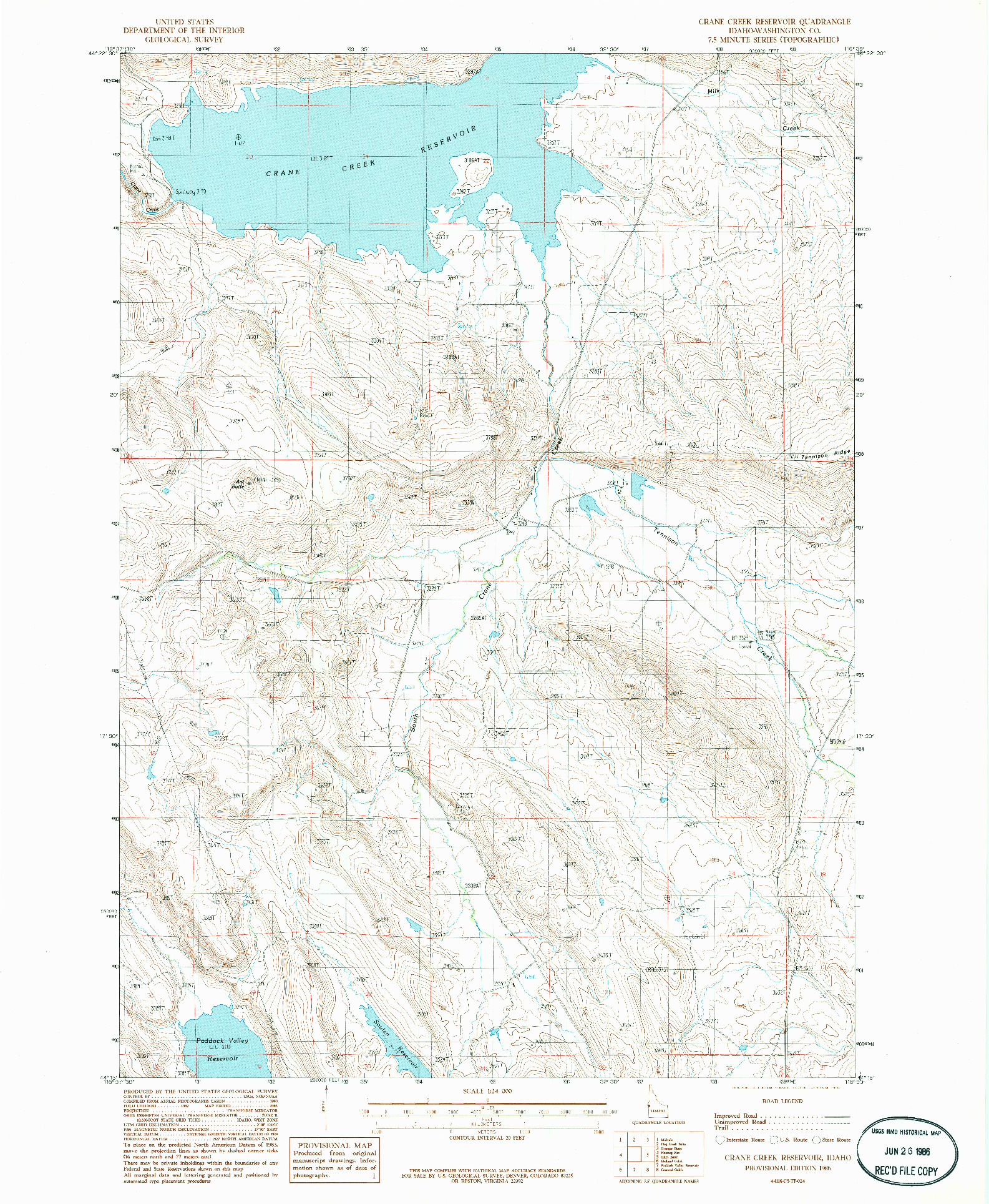 USGS 1:24000-SCALE QUADRANGLE FOR CRANE CREEK RESERVOIR, ID 1986