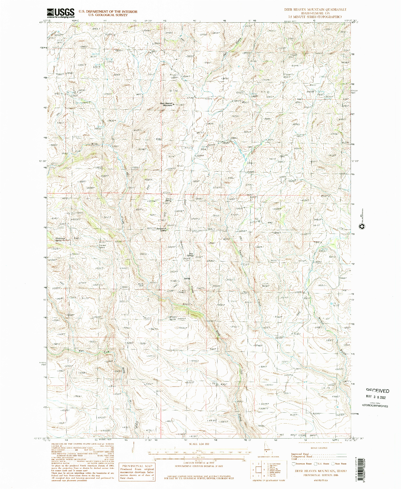 USGS 1:24000-SCALE QUADRANGLE FOR DEER HEAVEN MOUNTAIN, ID 1986