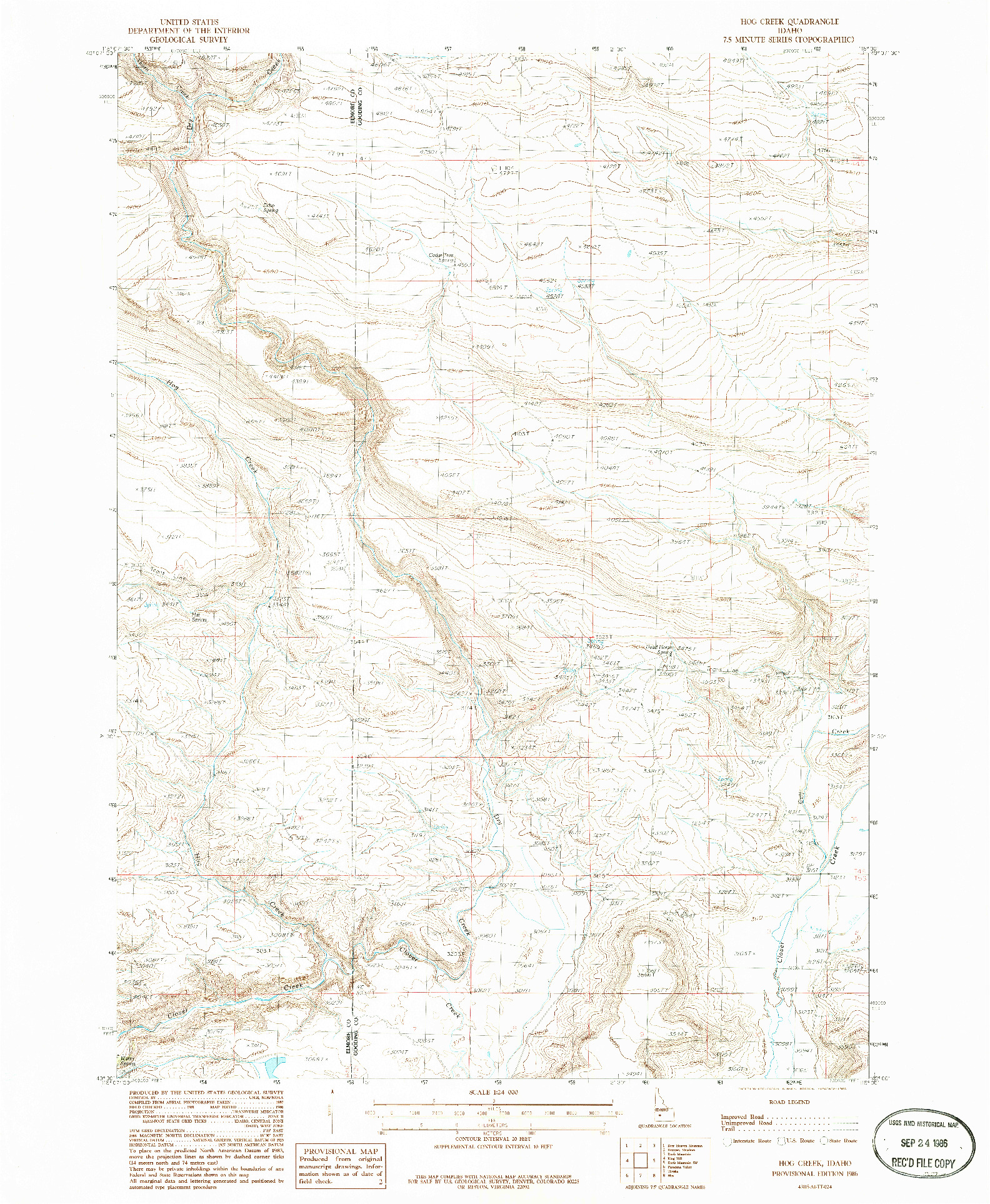 USGS 1:24000-SCALE QUADRANGLE FOR HOG CREEK, ID 1986