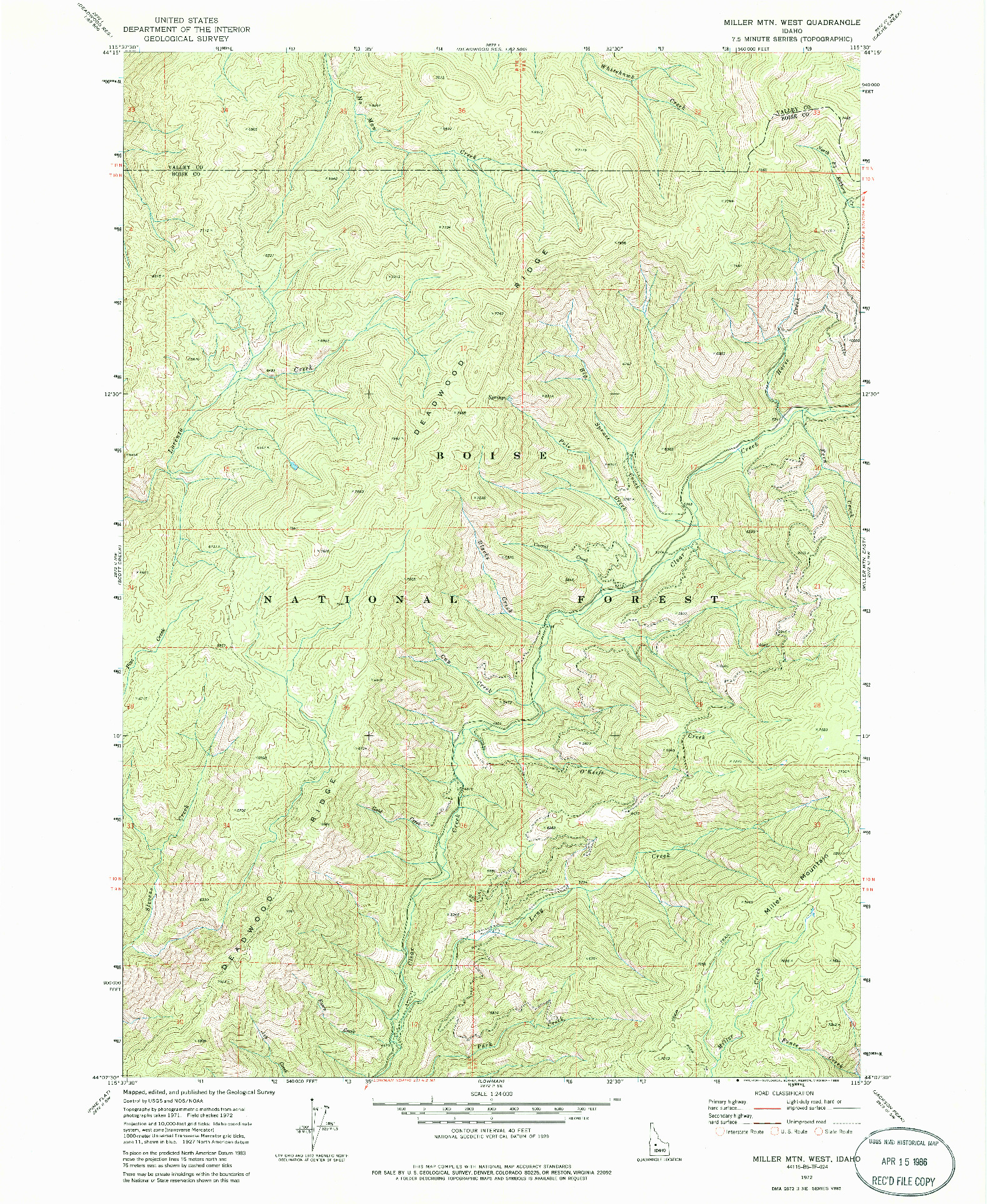 USGS 1:24000-SCALE QUADRANGLE FOR MILLER MTN WEST, ID 1972