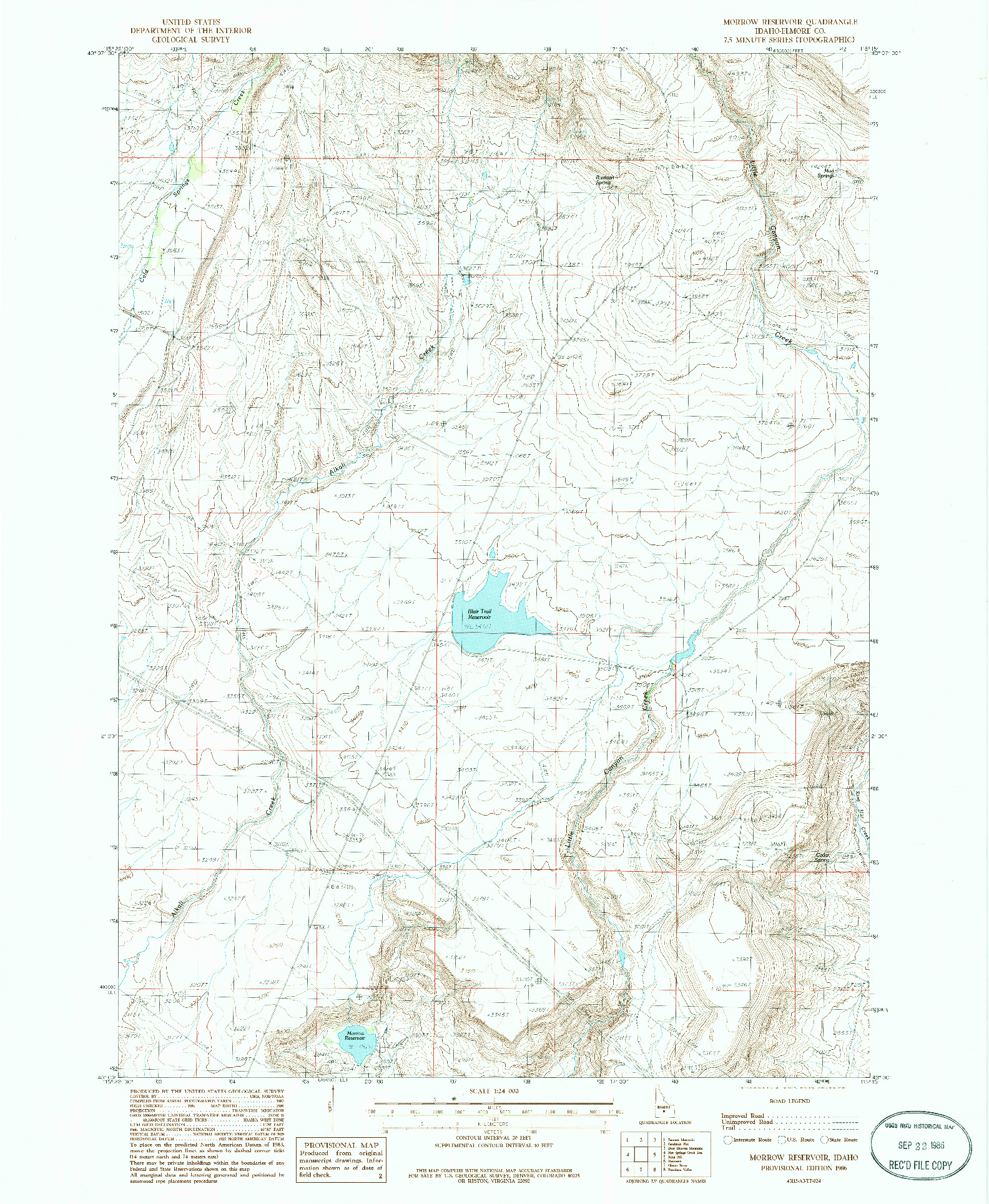 USGS 1:24000-SCALE QUADRANGLE FOR MORROW RESERVOIR, ID 1986