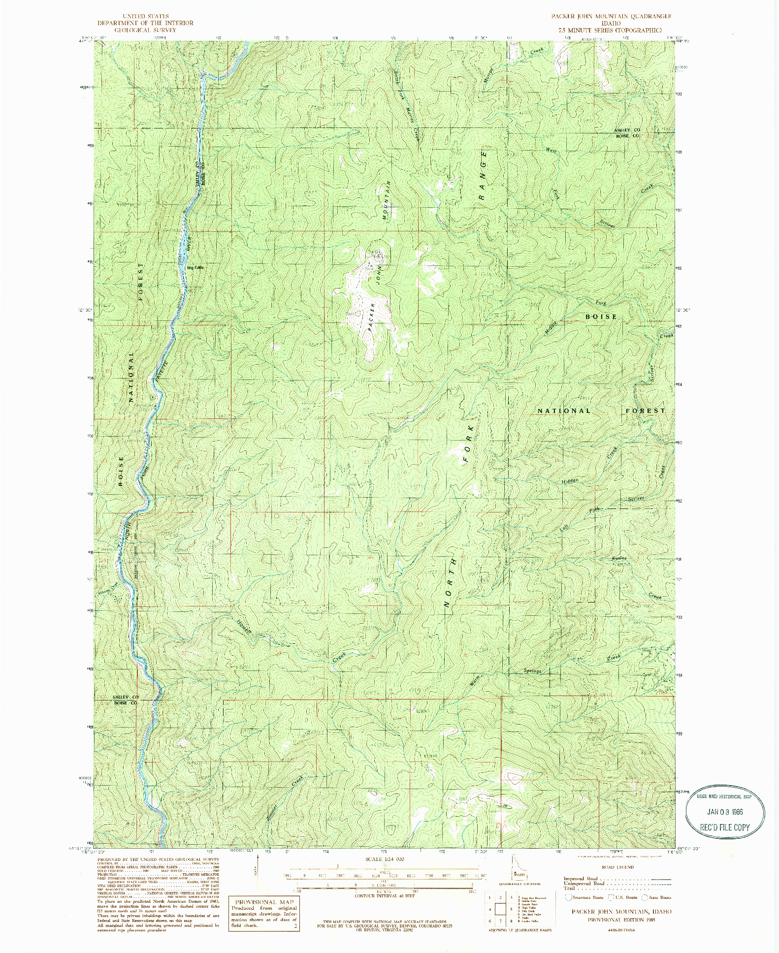 USGS 1:24000-SCALE QUADRANGLE FOR PACKER JOHN MOUNTAIN, ID 1985