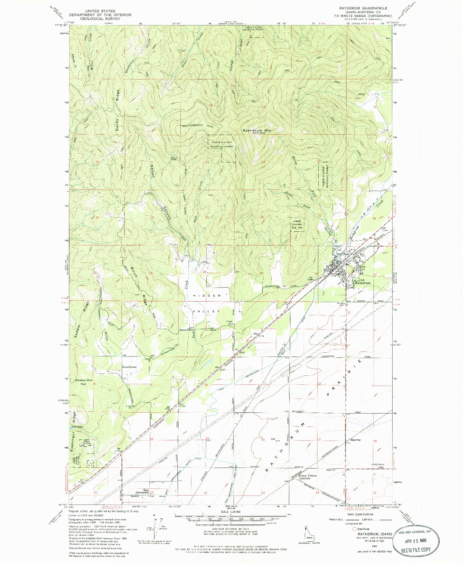 USGS 1:24000-SCALE QUADRANGLE FOR RATHDRUM, ID 1961