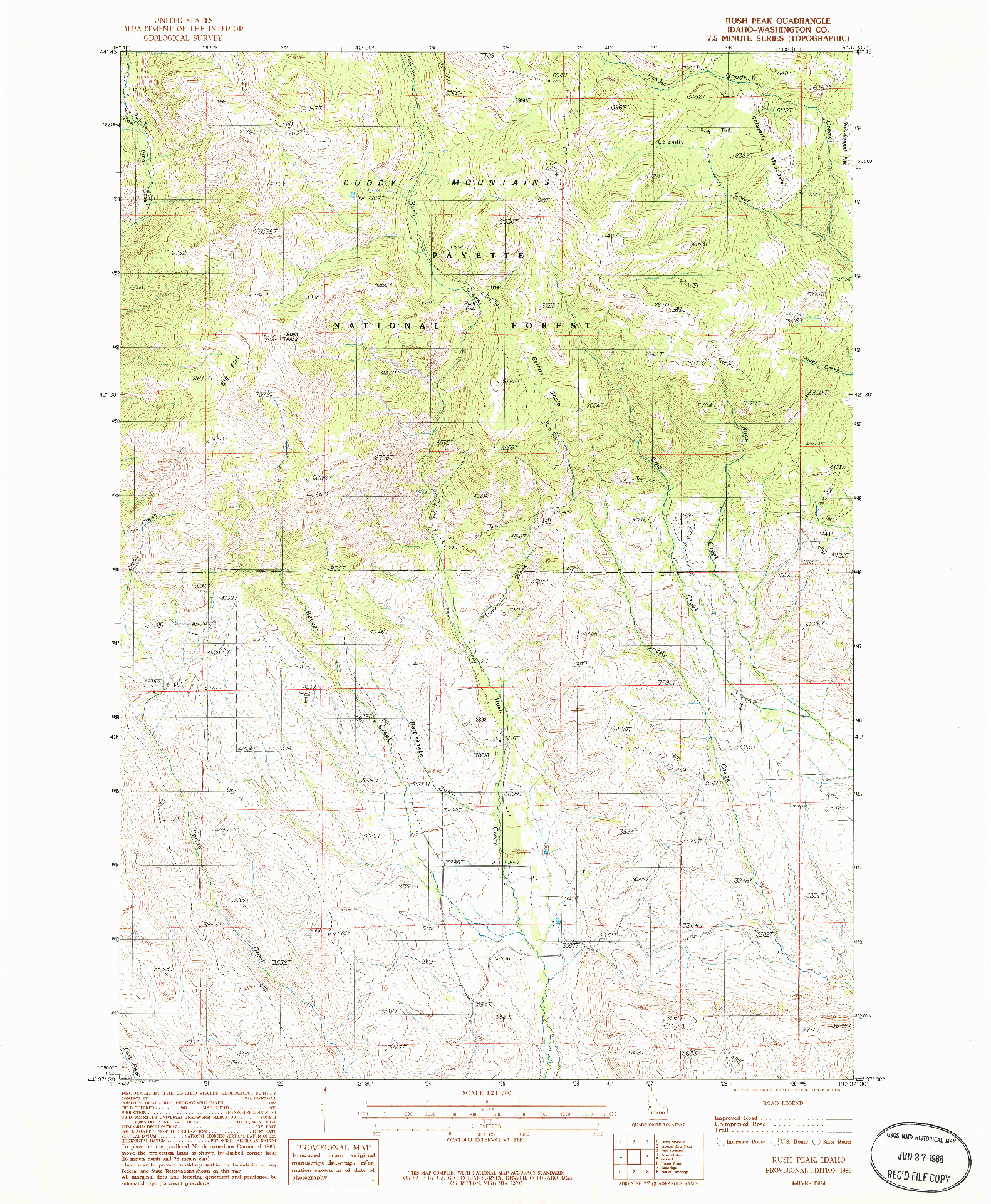 USGS 1:24000-SCALE QUADRANGLE FOR RUSH PEAK, ID 1986