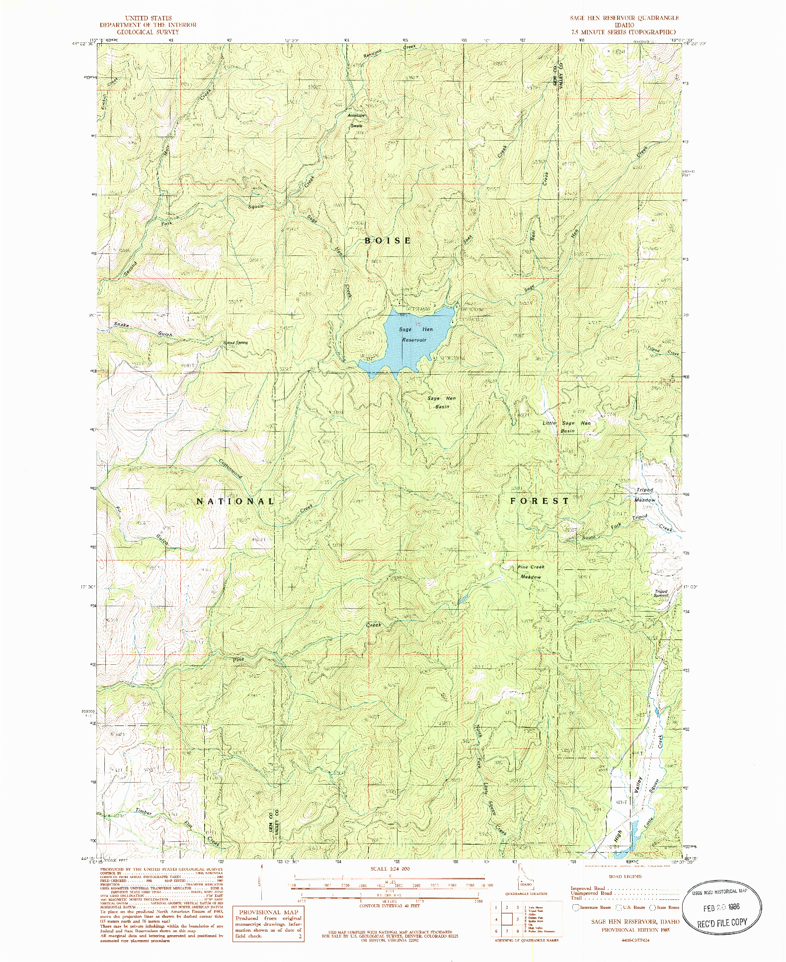 USGS 1:24000-SCALE QUADRANGLE FOR SAGE HEN RESERVOIR, ID 1985