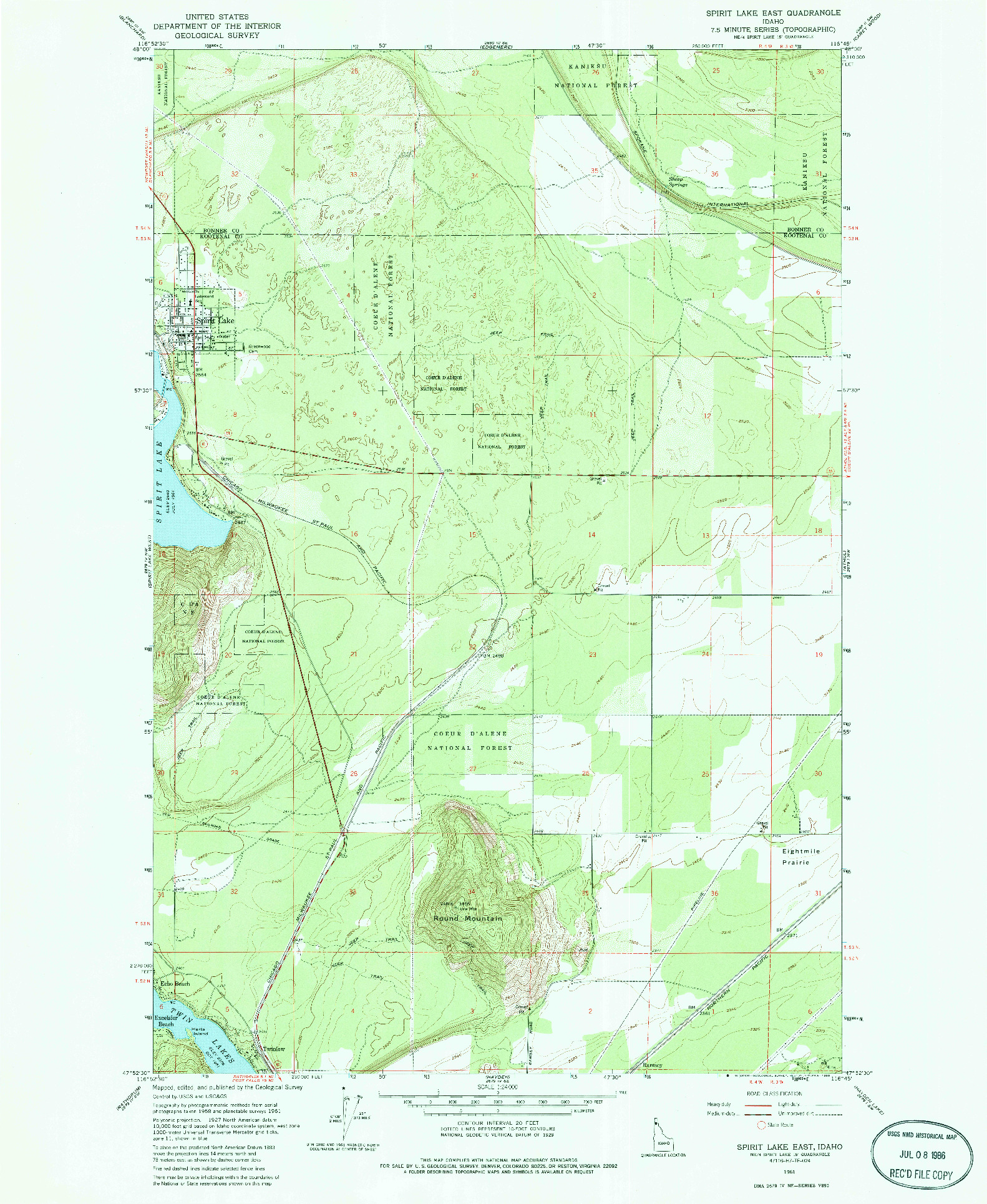 USGS 1:24000-SCALE QUADRANGLE FOR SPIRIT LAKE EAST, ID 1961