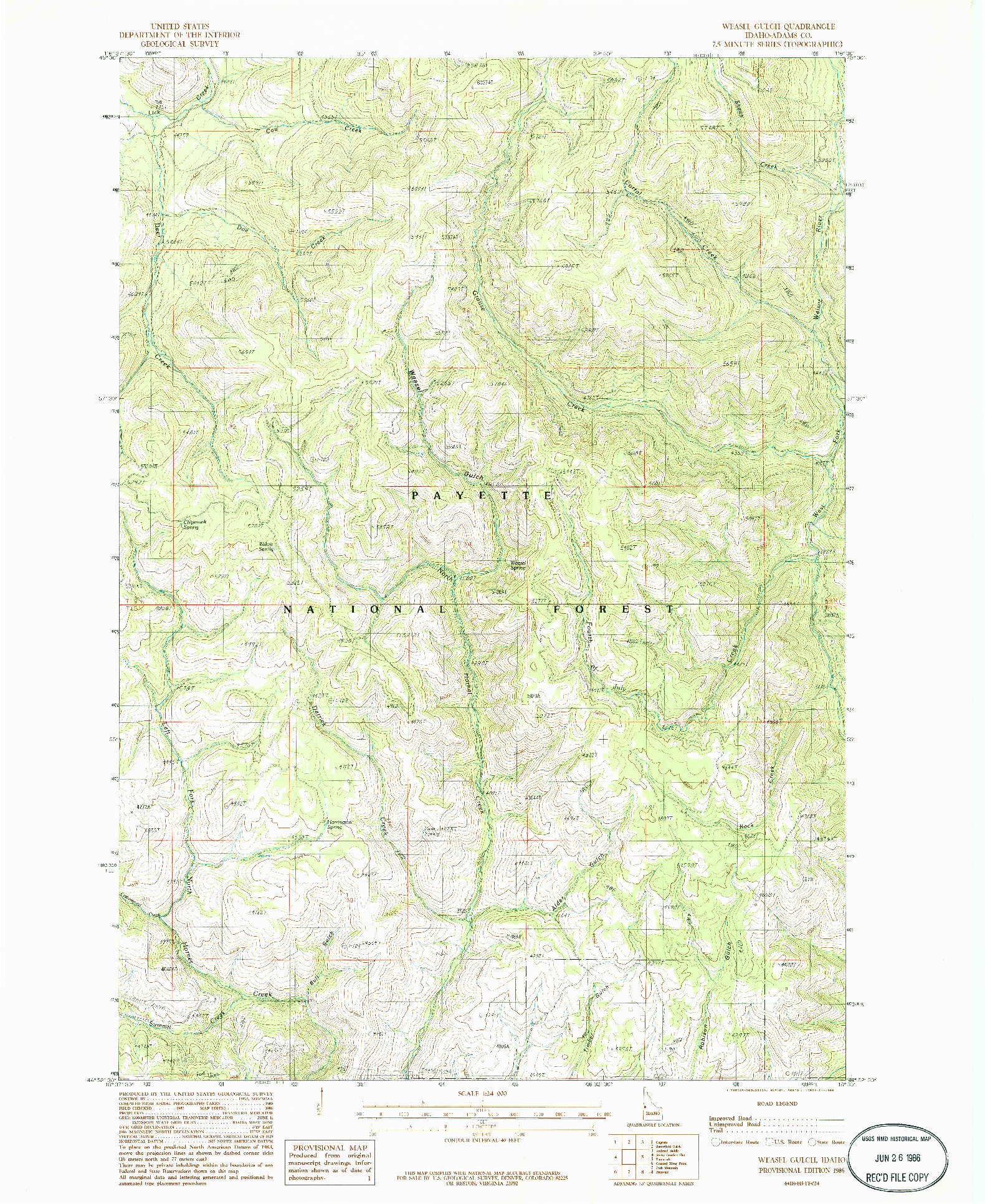 USGS 1:24000-SCALE QUADRANGLE FOR WEASEL GULCH, ID 1986