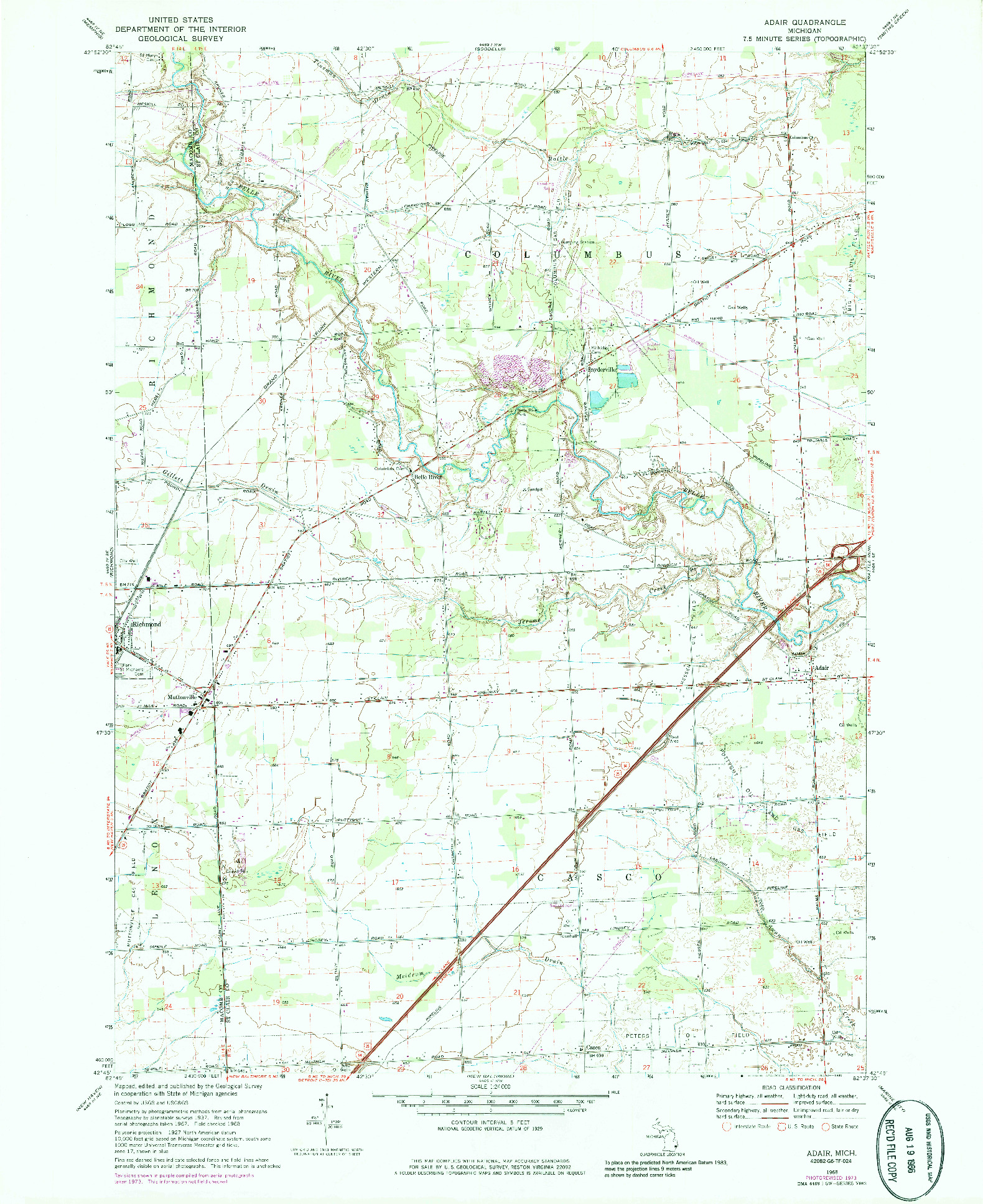 USGS 1:24000-SCALE QUADRANGLE FOR ADAIR, MI 1968