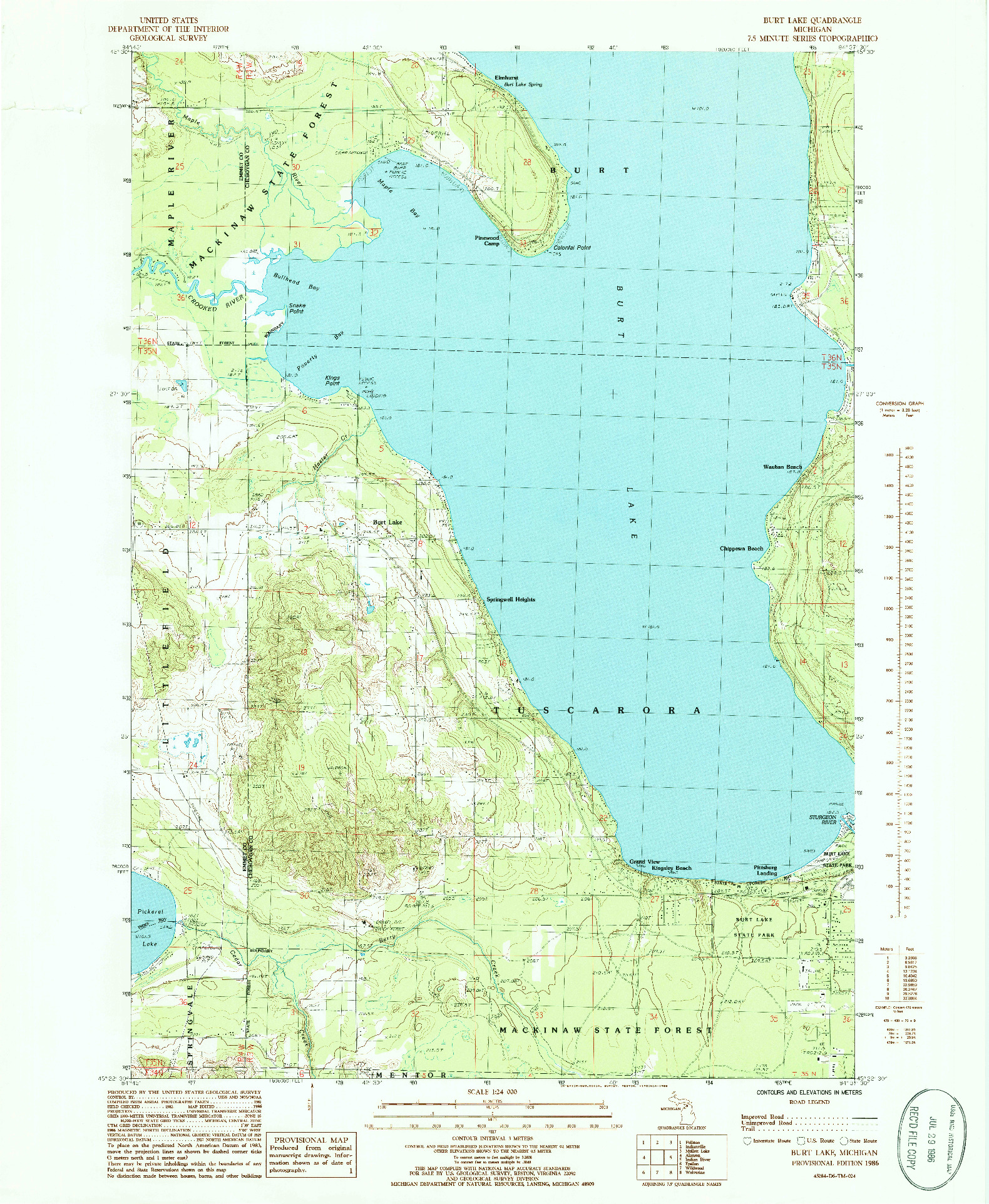 USGS 1:24000-SCALE QUADRANGLE FOR BURT LAKE, MI 1986