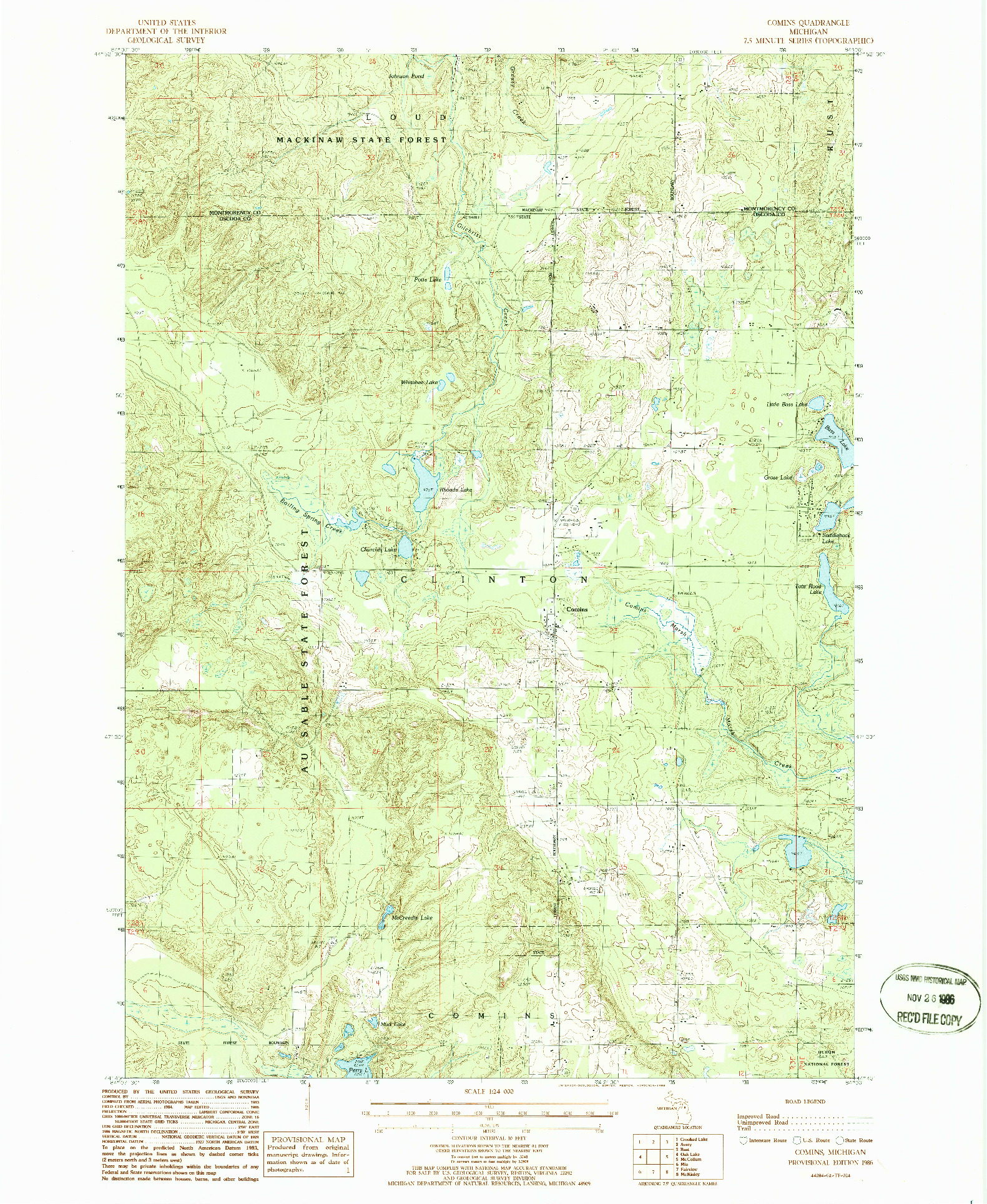 USGS 1:24000-SCALE QUADRANGLE FOR COMINS, MI 1986