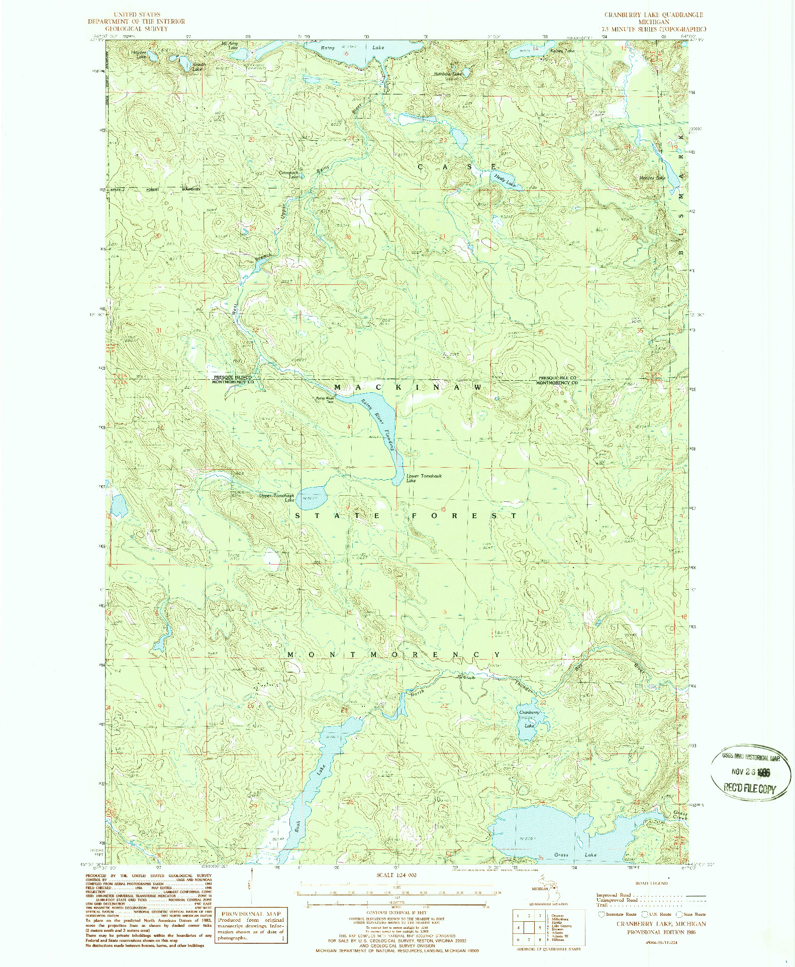 USGS 1:24000-SCALE QUADRANGLE FOR CRANBERRY LAKE, MI 1986
