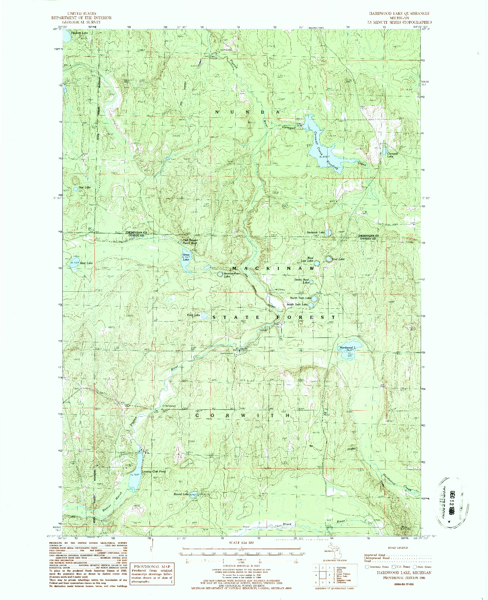 USGS 1:24000-SCALE QUADRANGLE FOR HARDWOOD LAKE, MI 1986