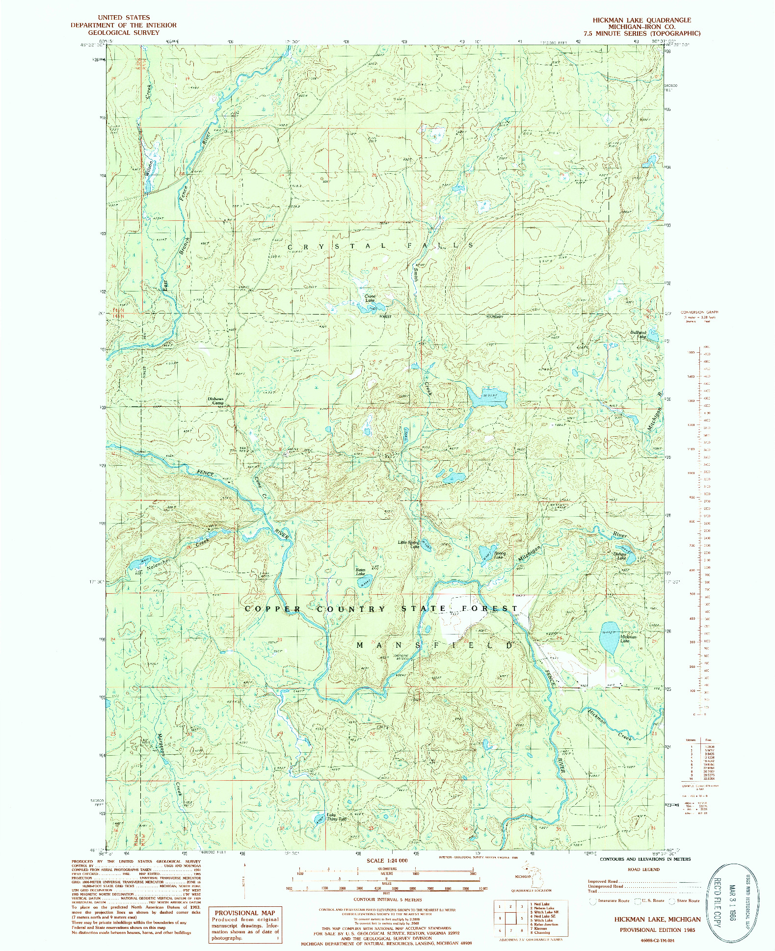 USGS 1:24000-SCALE QUADRANGLE FOR HICKMAN LAKE, MI 1985