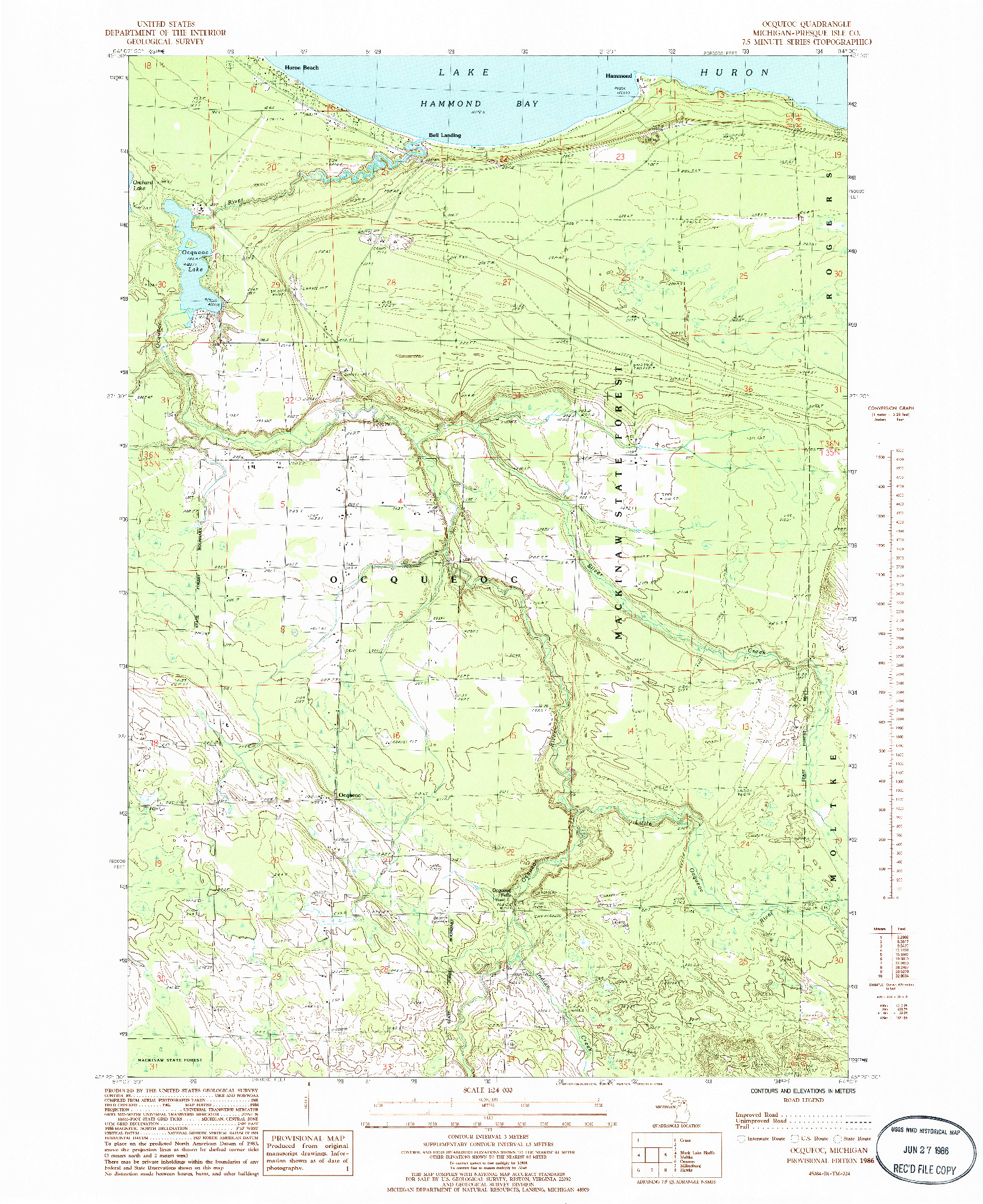 USGS 1:24000-SCALE QUADRANGLE FOR OCQUEOC, MI 1986