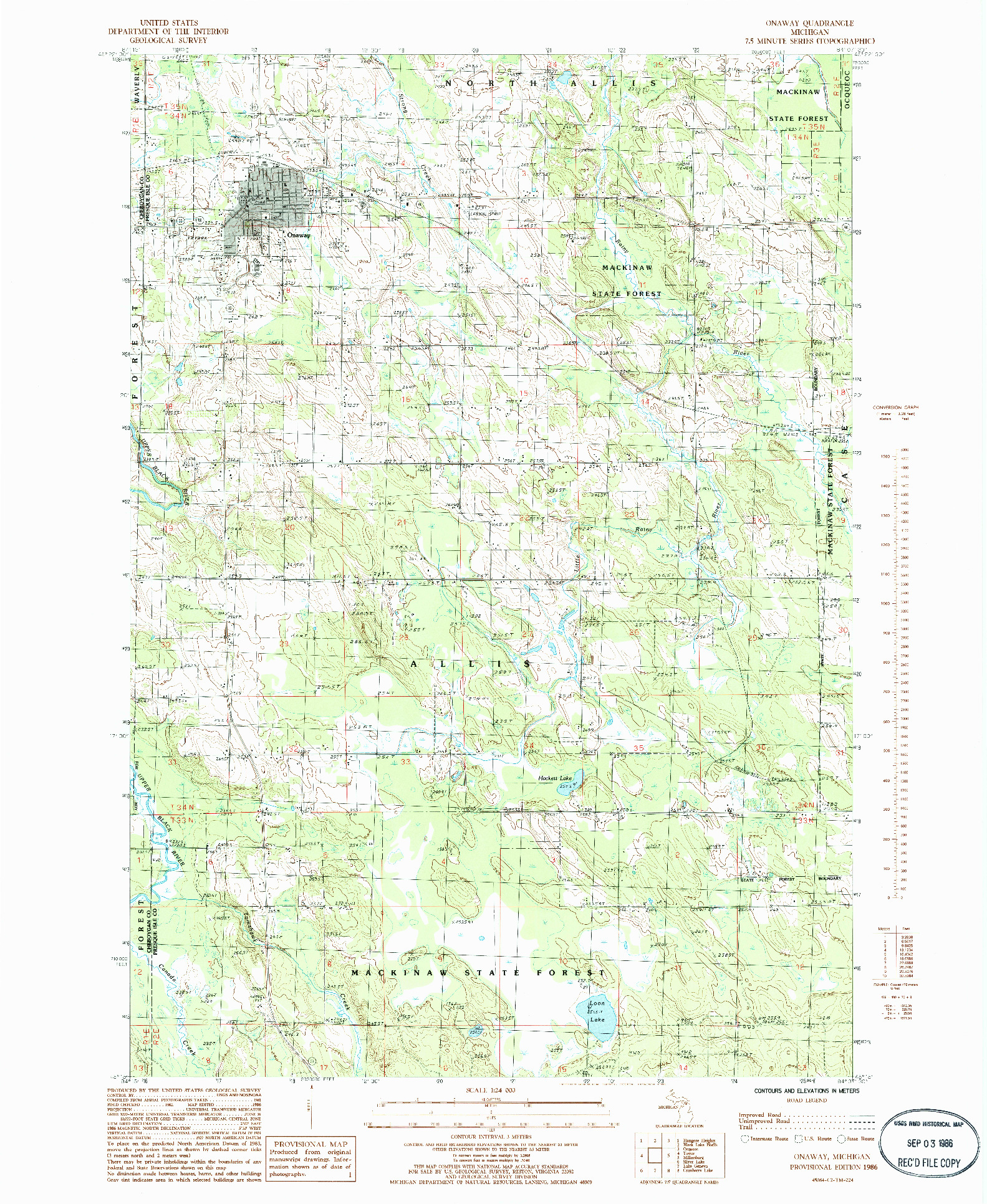 USGS 1:24000-SCALE QUADRANGLE FOR ONAWAY, MI 1986