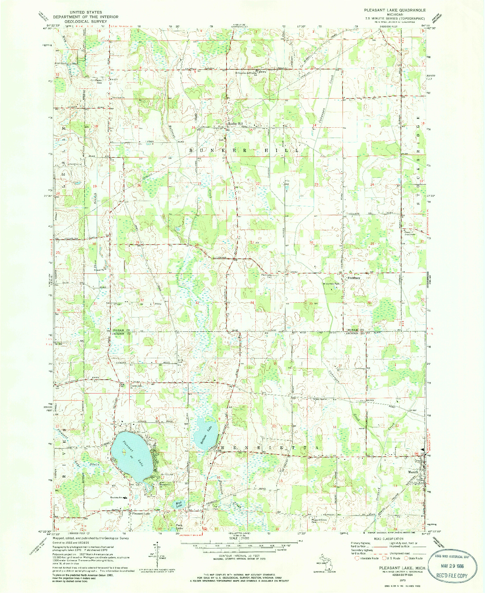 USGS 1:24000-SCALE QUADRANGLE FOR PLEASANT LAKE, MI 1970
