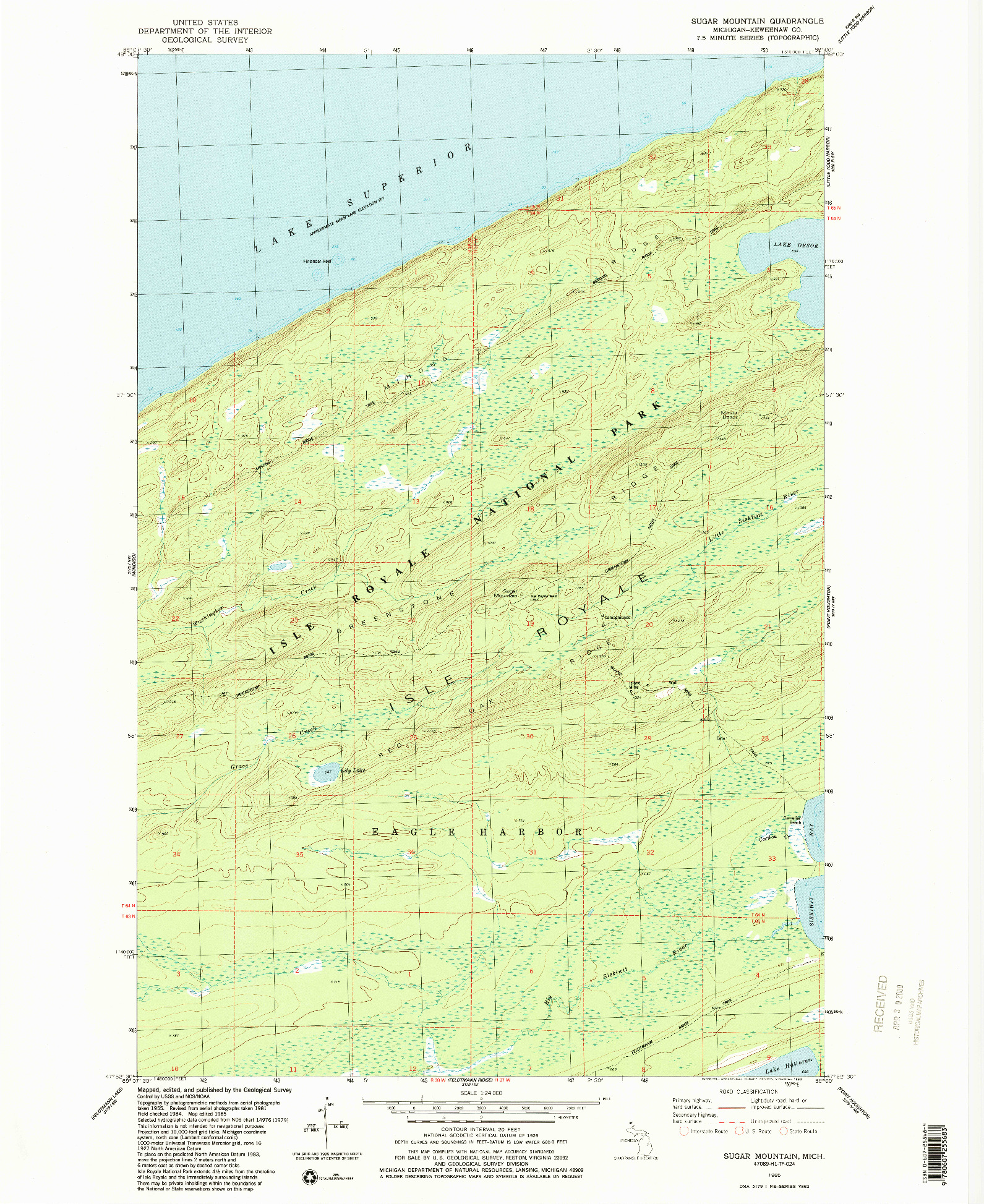 USGS 1:24000-SCALE QUADRANGLE FOR SUGAR MOUNTAIN, MI 1985