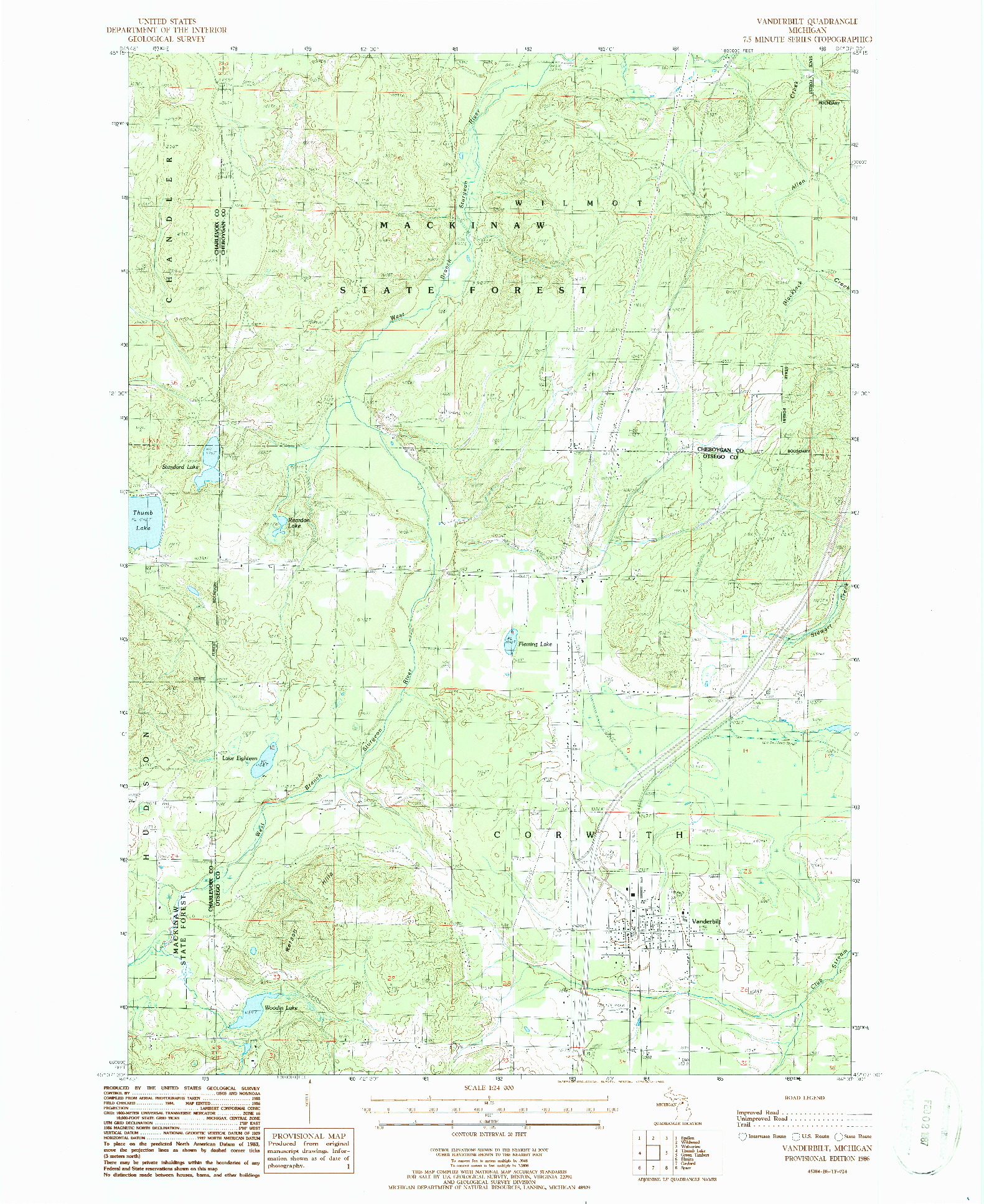 USGS 1:24000-SCALE QUADRANGLE FOR VANDERBILT, MI 1986