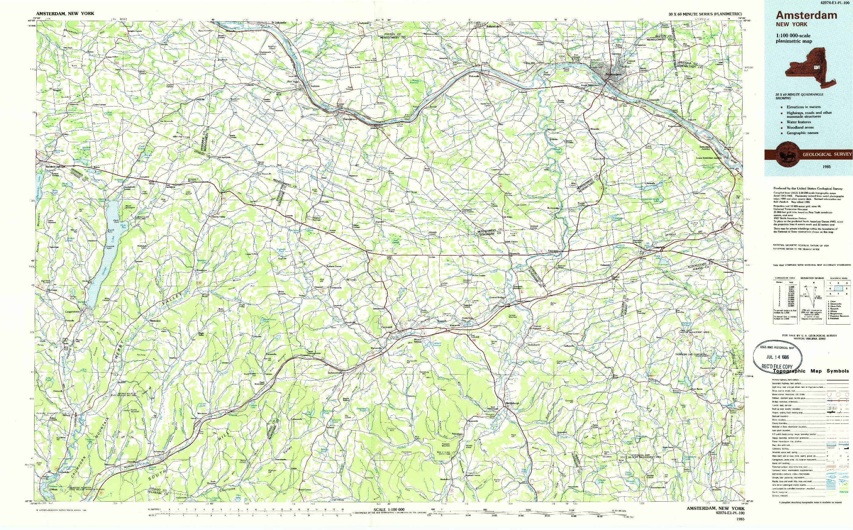 USGS 1:100000-SCALE QUADRANGLE FOR AMSTERDAM, NY 1985