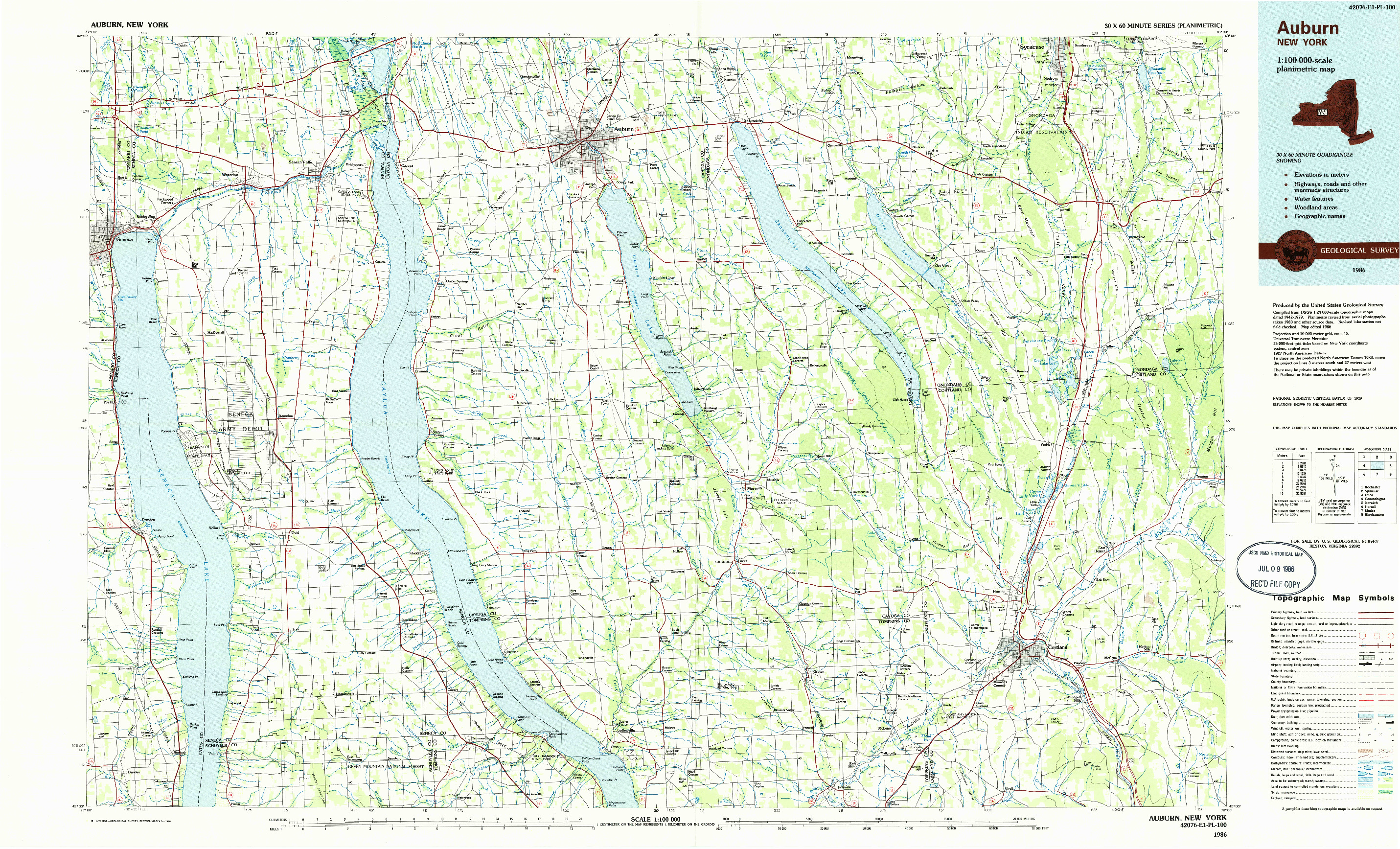 USGS 1:100000-SCALE QUADRANGLE FOR AUBURN, NY 1986