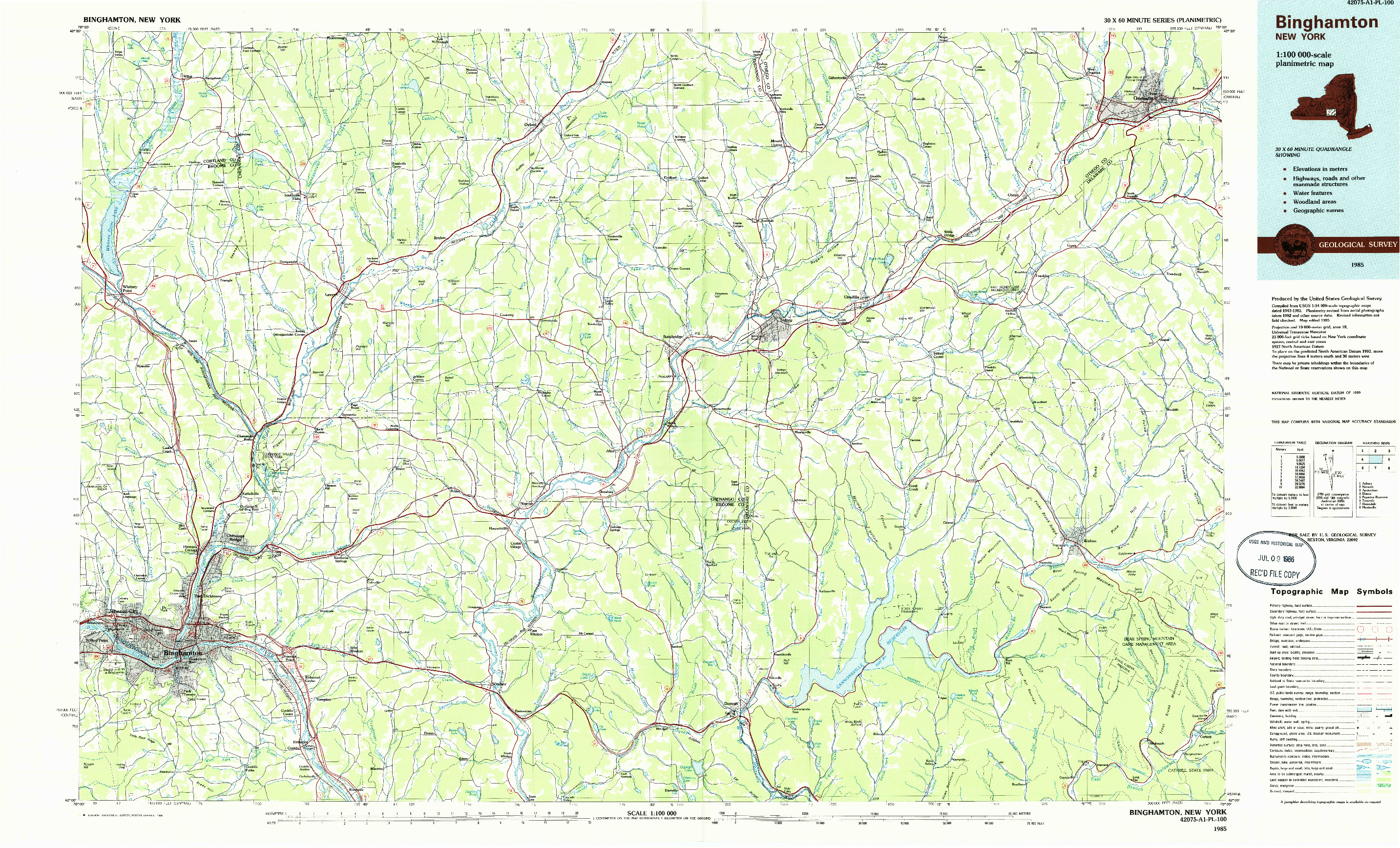 USGS 1:100000-SCALE QUADRANGLE FOR BINGHAMTON, NY 1985