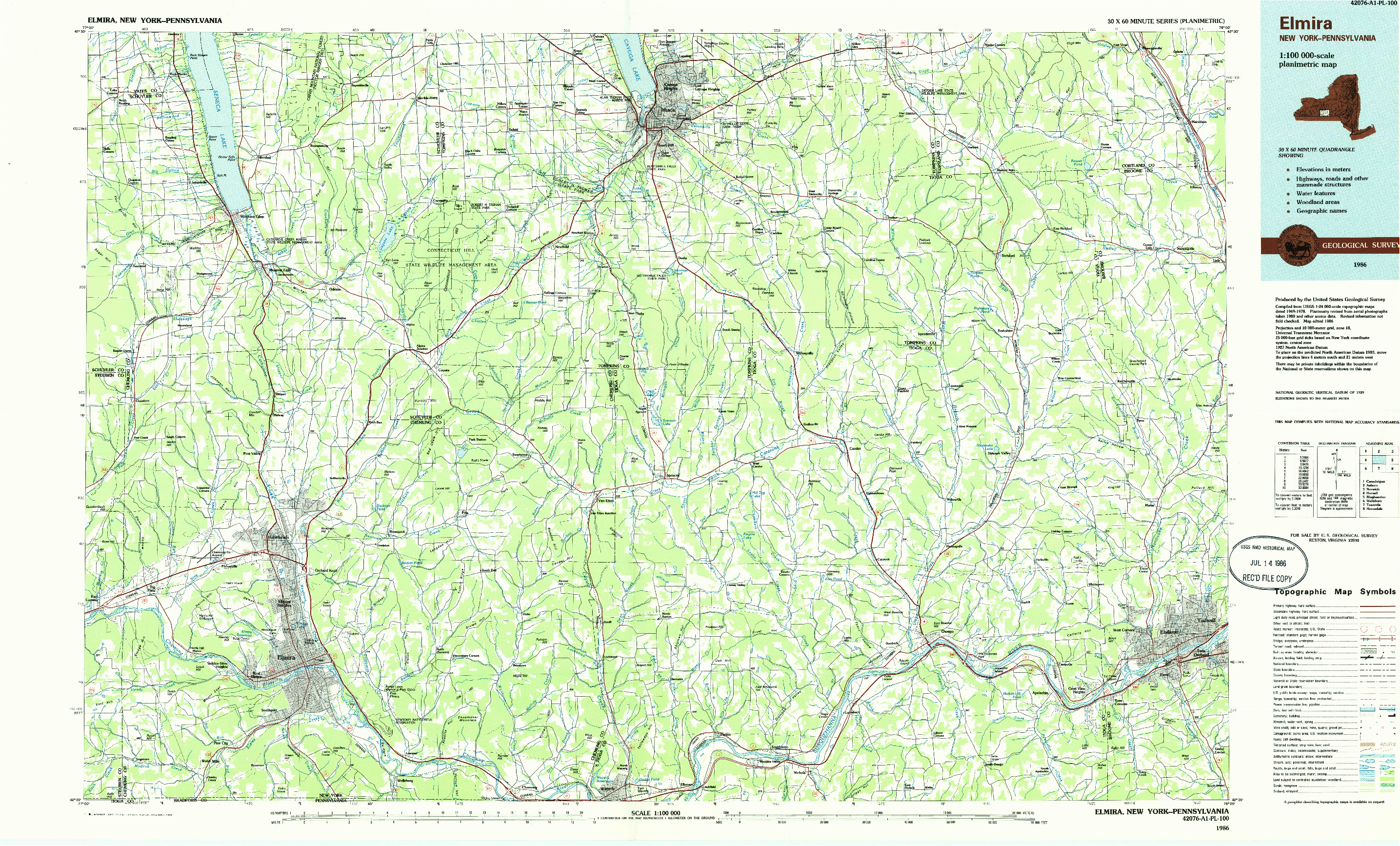 USGS 1:100000-SCALE QUADRANGLE FOR ELMIRA, NY 1986