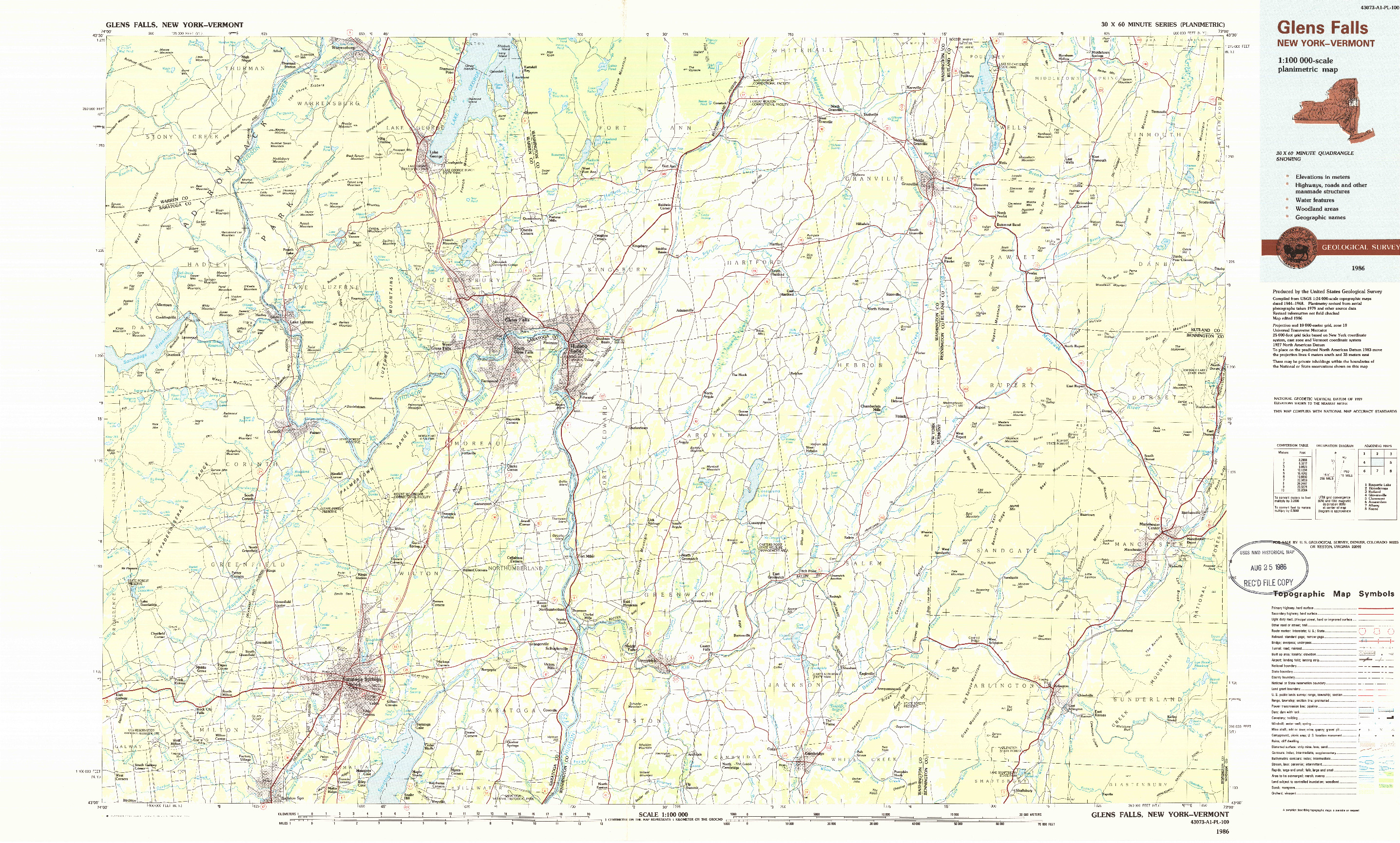 USGS 1:100000-SCALE QUADRANGLE FOR GLENS FALLS, NY 1986