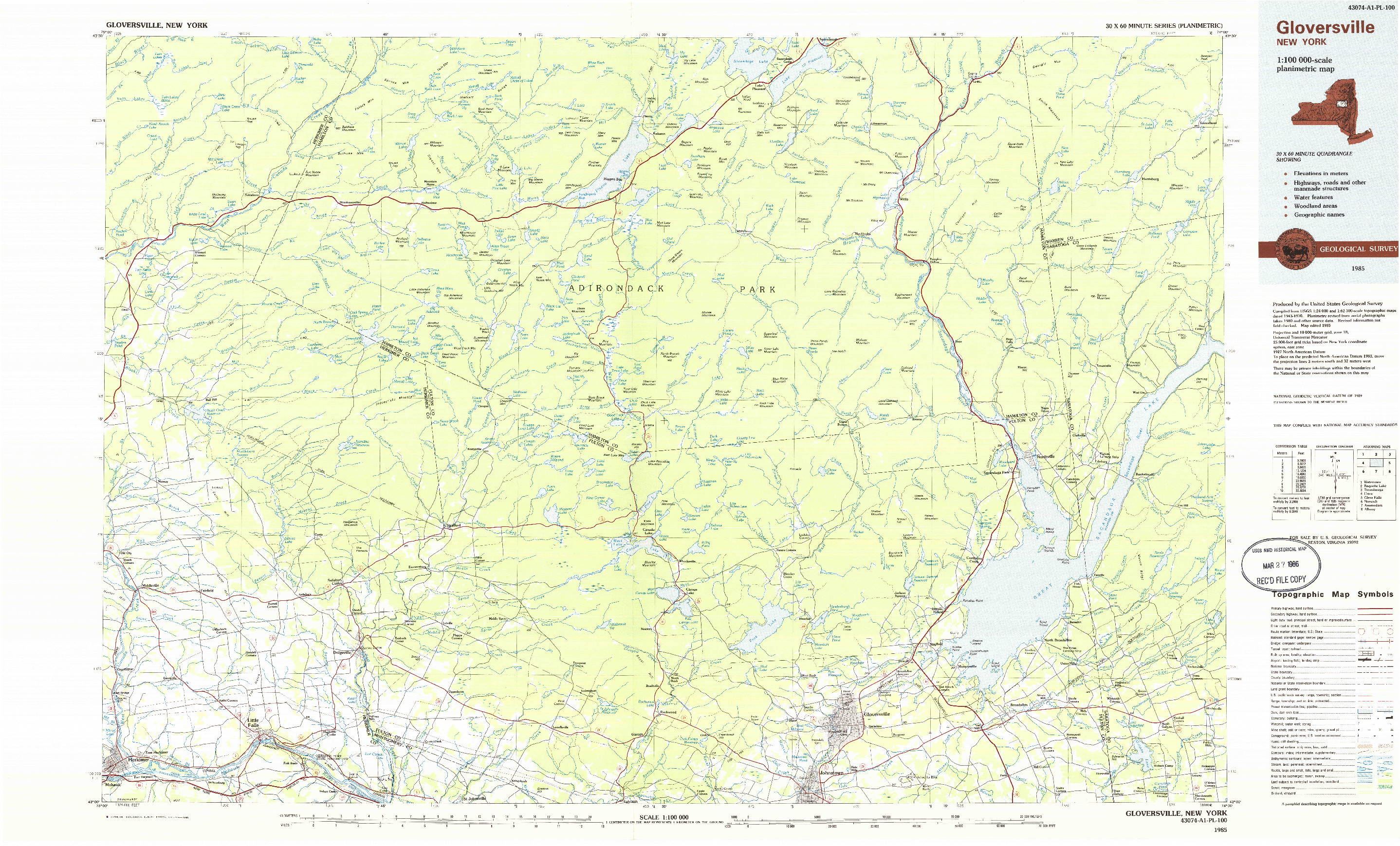 USGS 1:100000-SCALE QUADRANGLE FOR GLOVERSVILLE, NY 1985