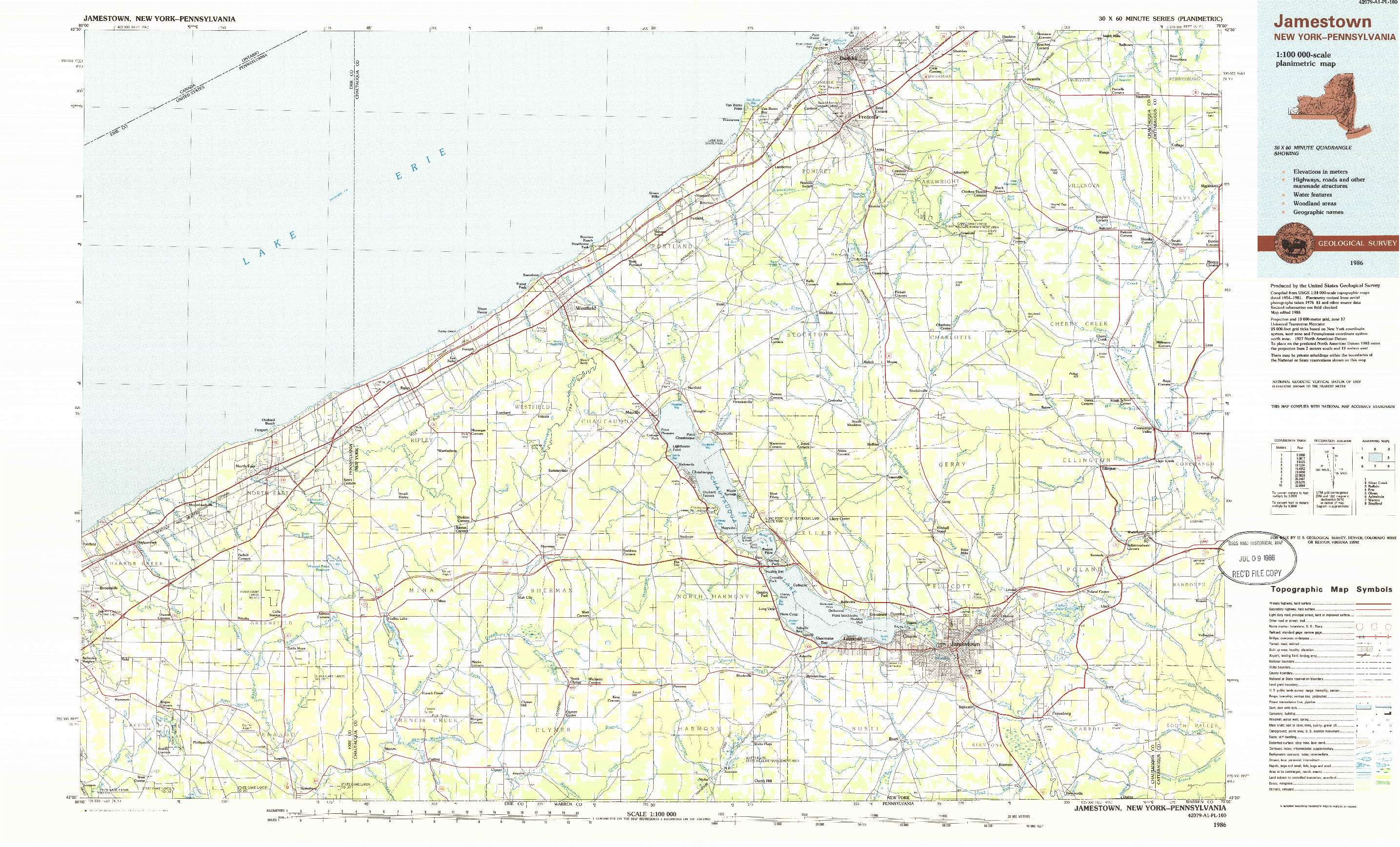 USGS 1:100000-SCALE QUADRANGLE FOR JAMESTOWN, NY 1986