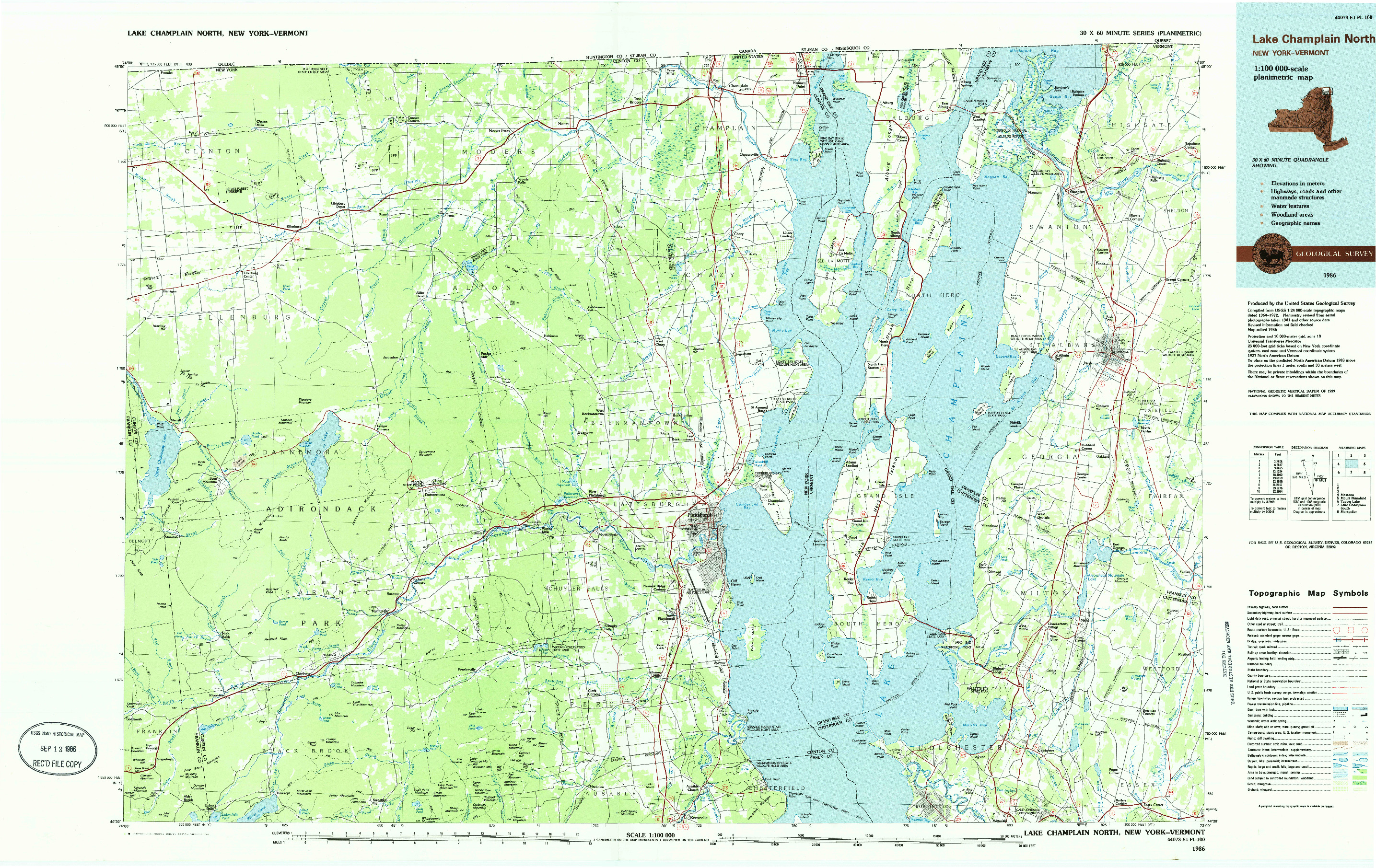 USGS 1:100000-SCALE QUADRANGLE FOR LAKE CHAMPLAIN NORTH, NY 1986