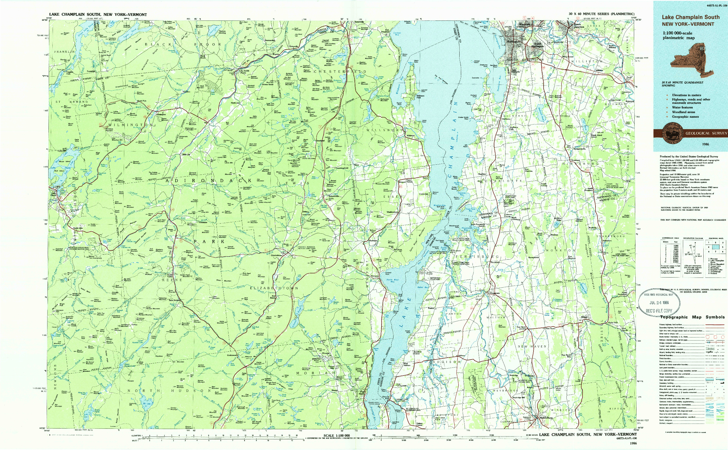 USGS 1:100000-SCALE QUADRANGLE FOR LAKE CHAMPLAIN SOUTH, NY 1986